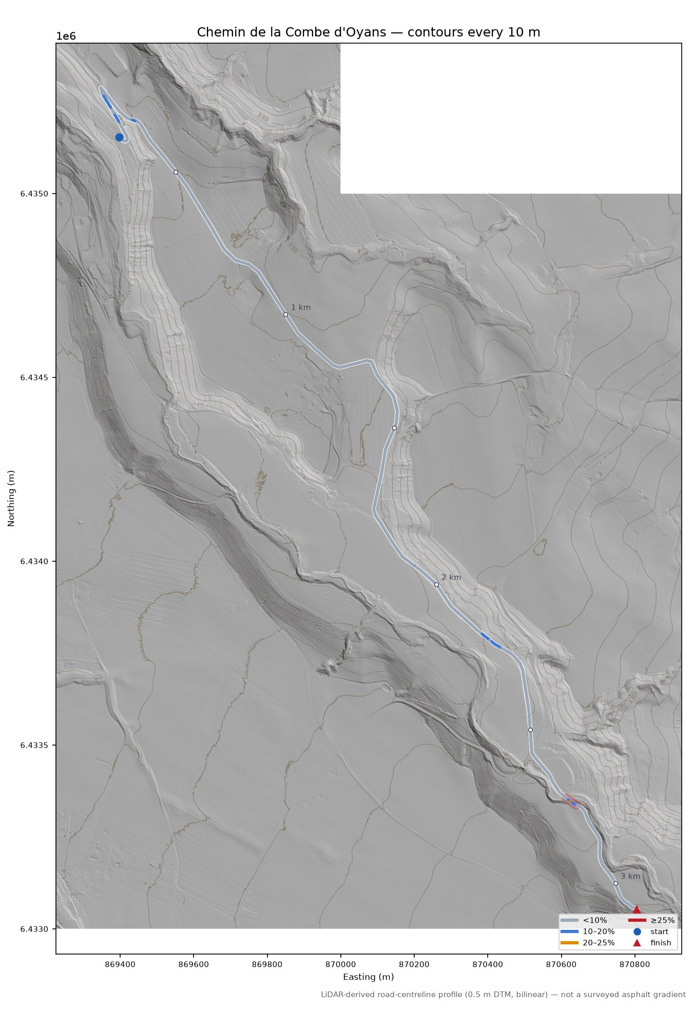 Chemin de la Combe d'Oyans LiDAR hillshade map with contours