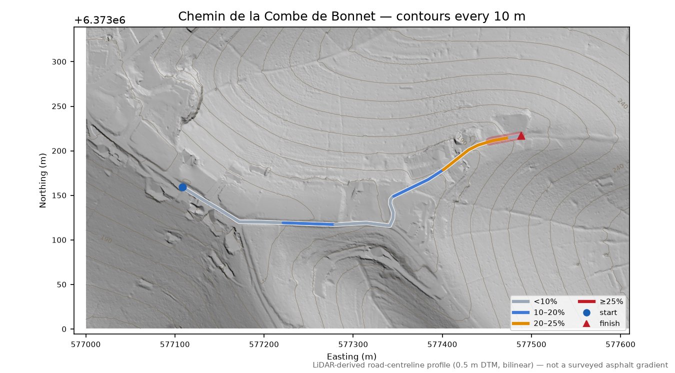 Chemin de la Combe de Bonnet LiDAR hillshade map with contours