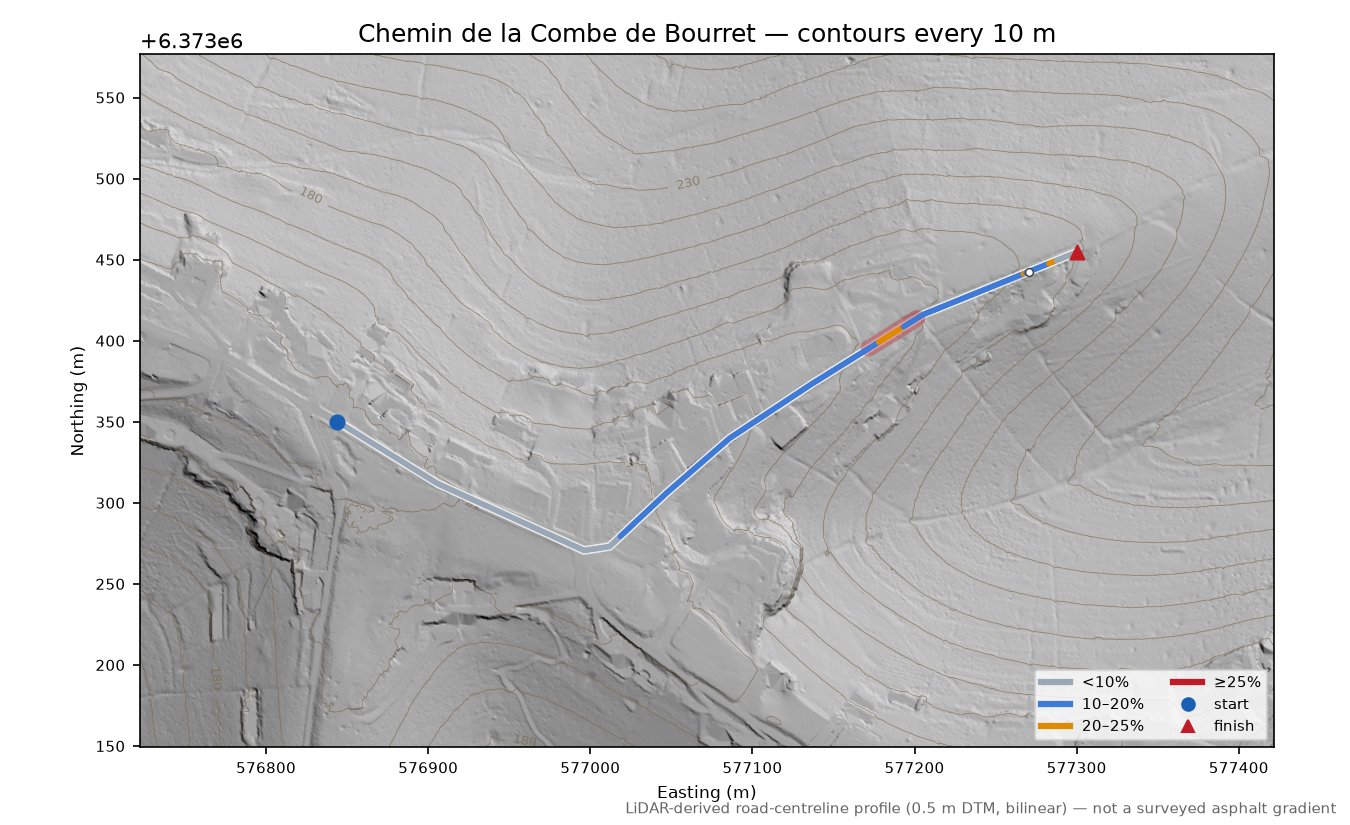 Chemin de la Combe de Bourret LiDAR hillshade map with contours