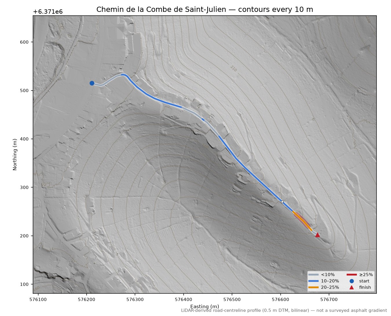 Chemin de la Combe de Saint-Julien LiDAR hillshade map with contours