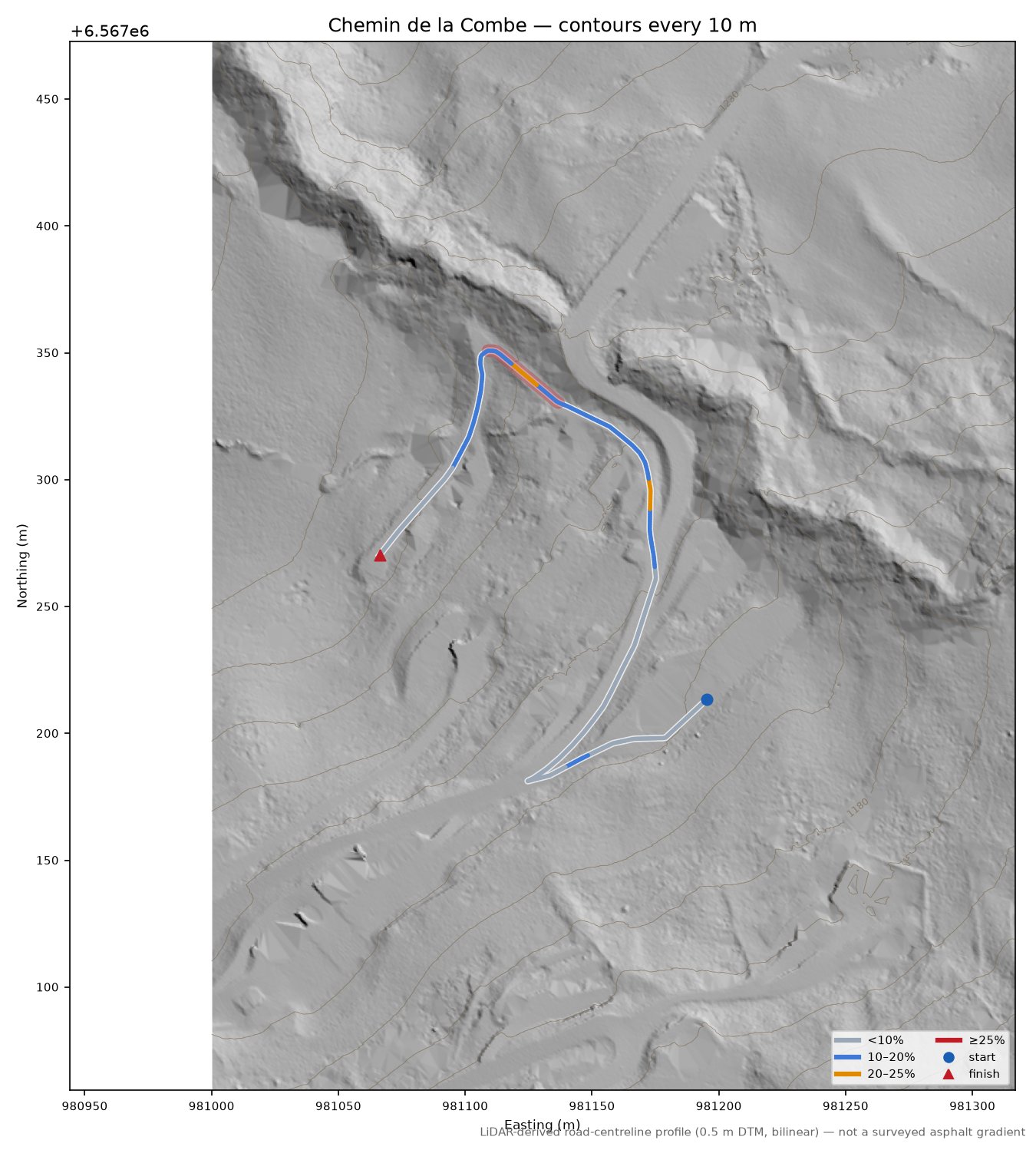 Chemin de la Combe LiDAR hillshade map with contours