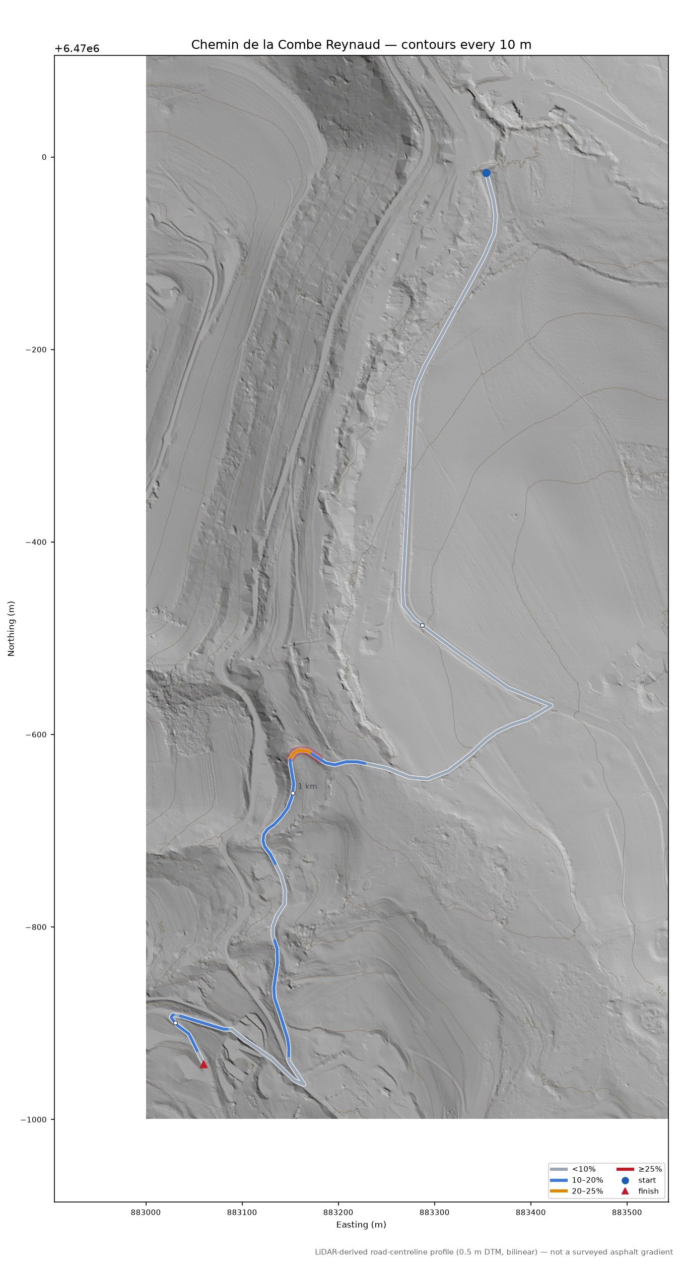 Chemin de la Combe Reynaud LiDAR hillshade map with contours