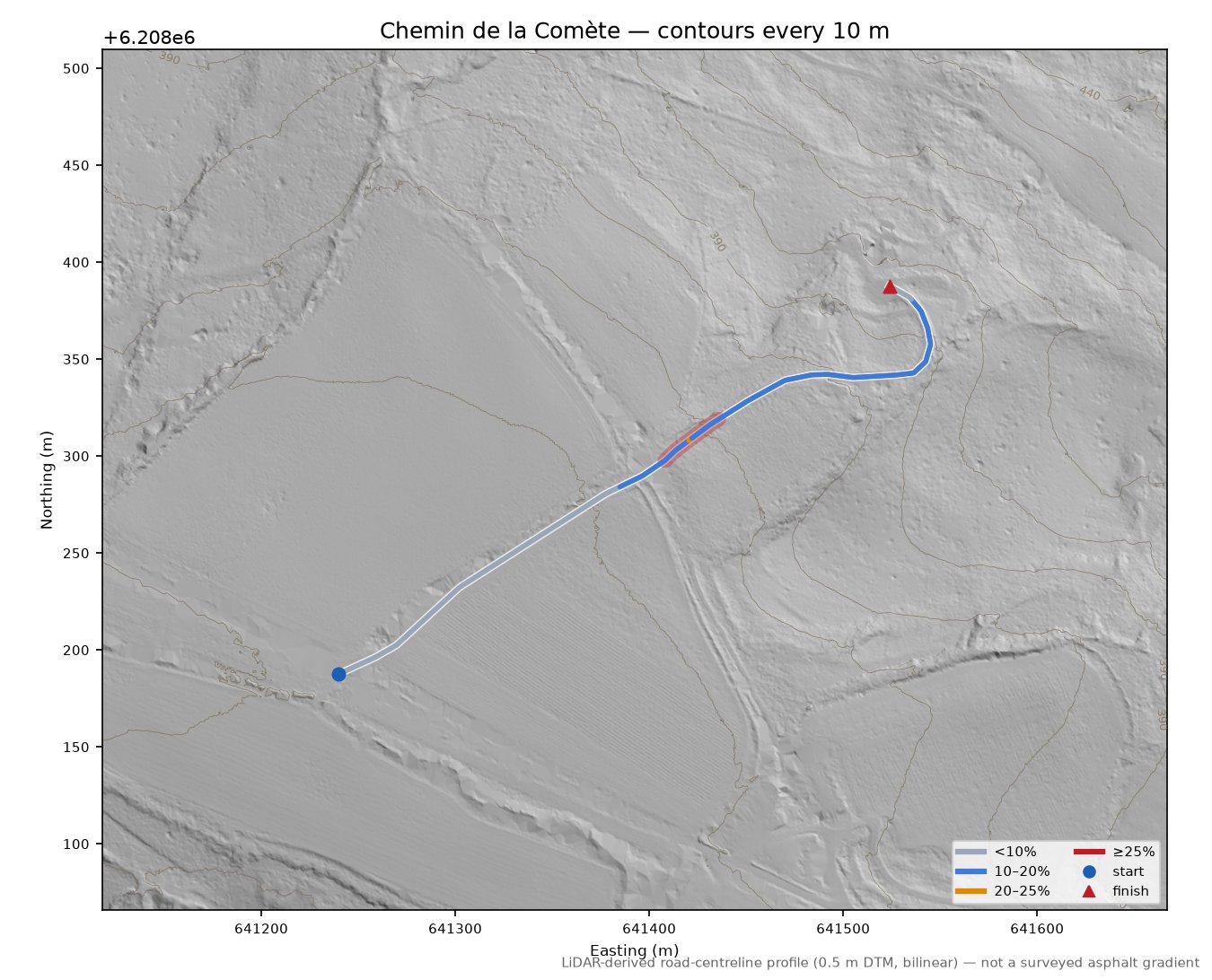 Chemin de la Comète LiDAR hillshade map with contours