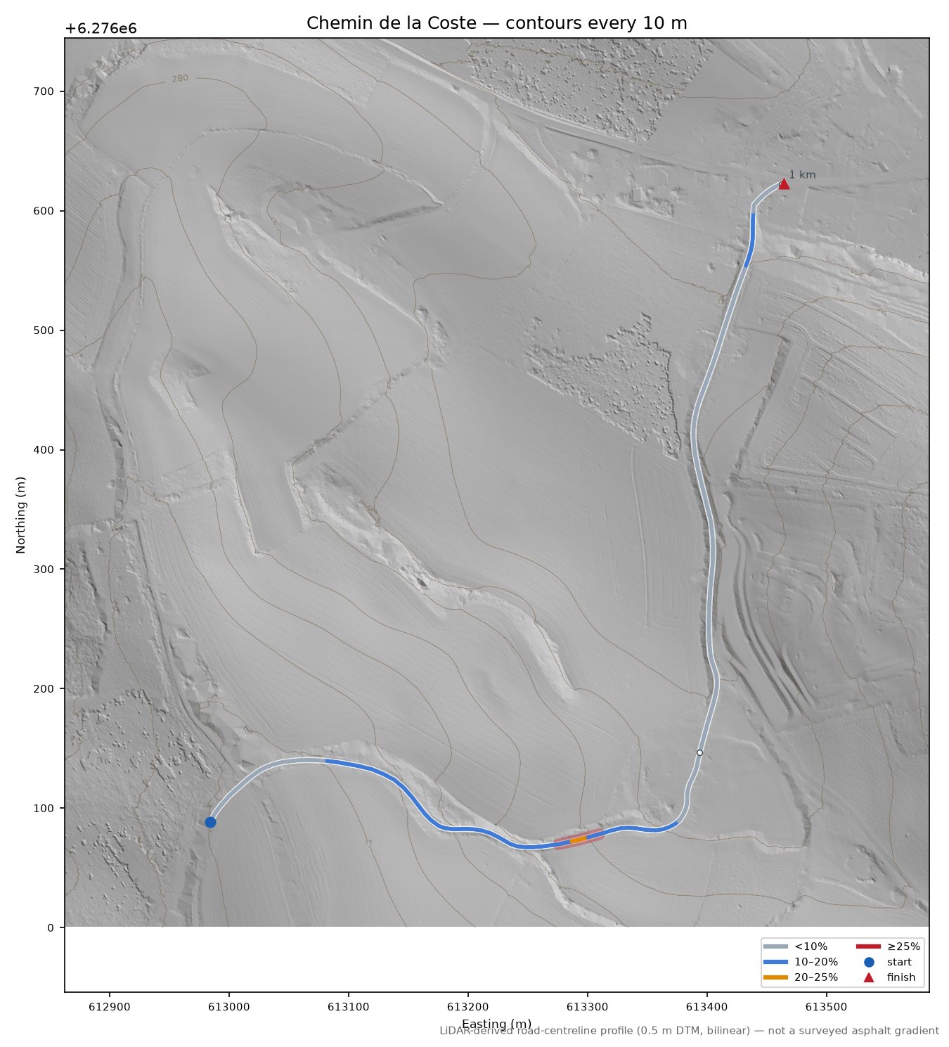Chemin de la Coste LiDAR hillshade map with contours