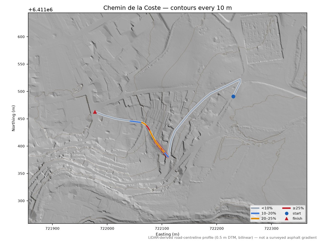 Chemin de la Coste LiDAR hillshade map with contours