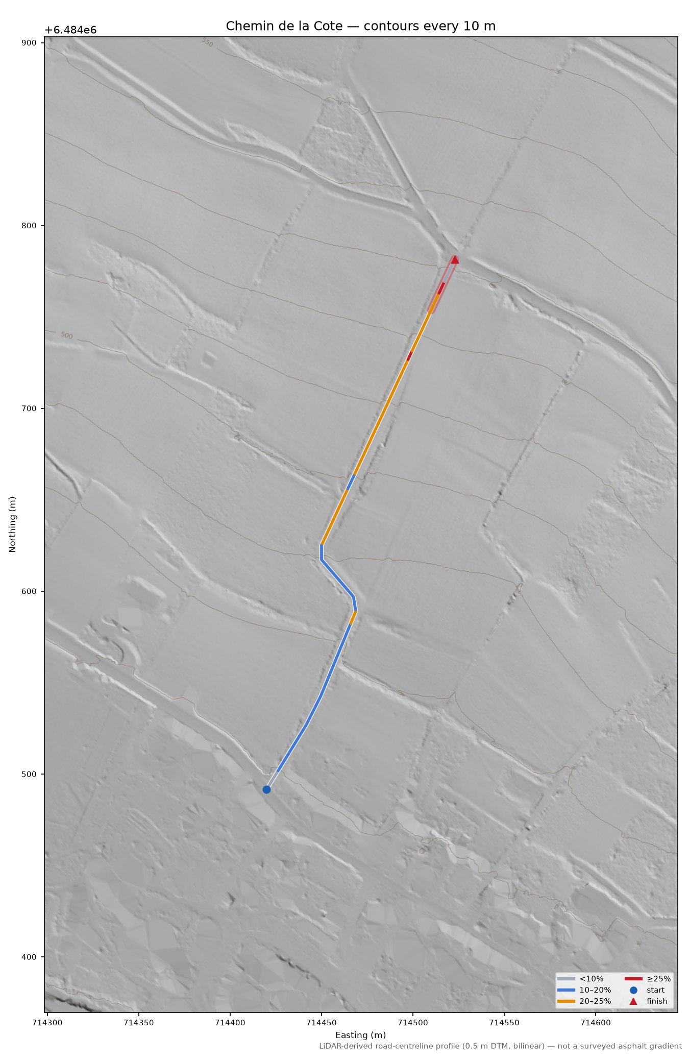 Chemin de la Cote LiDAR hillshade map with contours