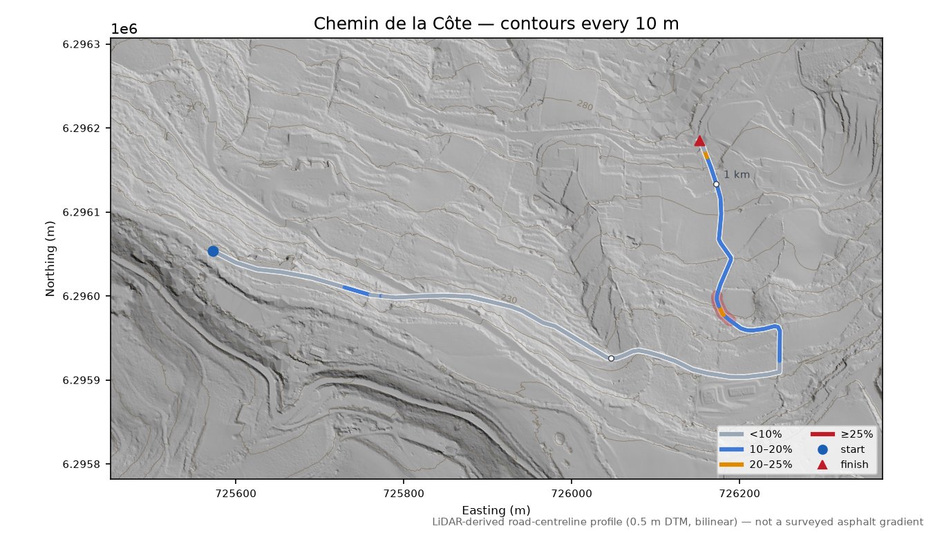 Chemin de la Côte LiDAR hillshade map with contours