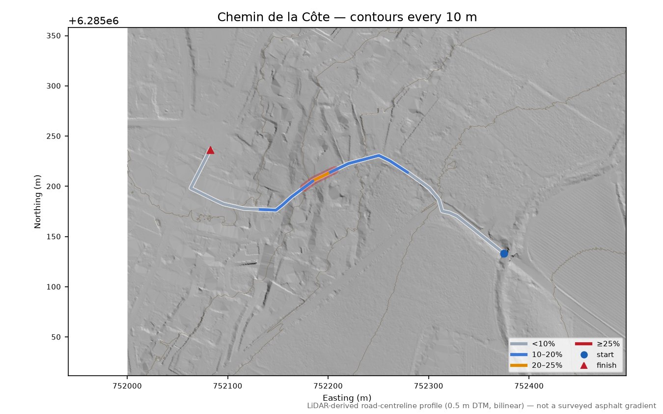 Chemin de la Côte LiDAR hillshade map with contours