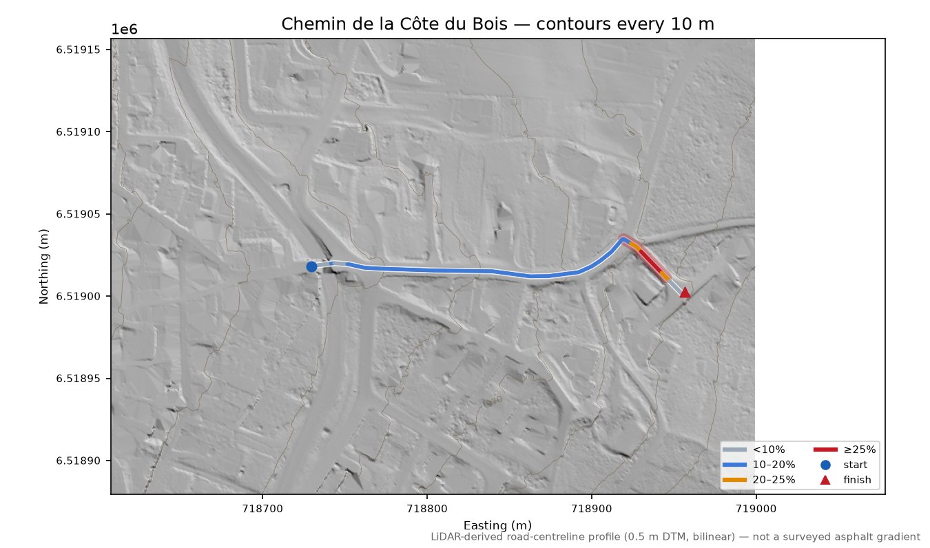 Chemin de la Côte du Bois LiDAR hillshade map with contours