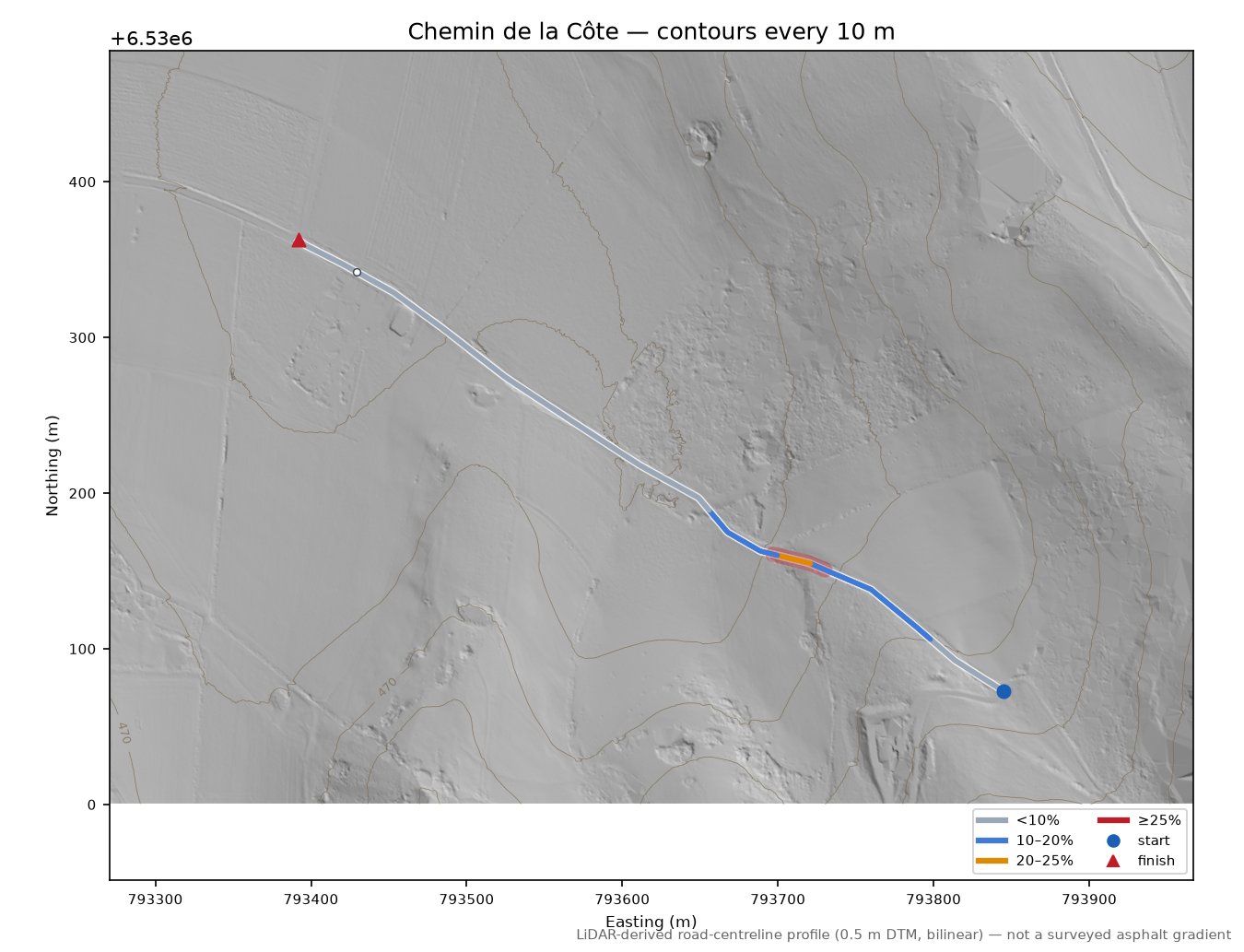 Chemin de la Côte LiDAR hillshade map with contours