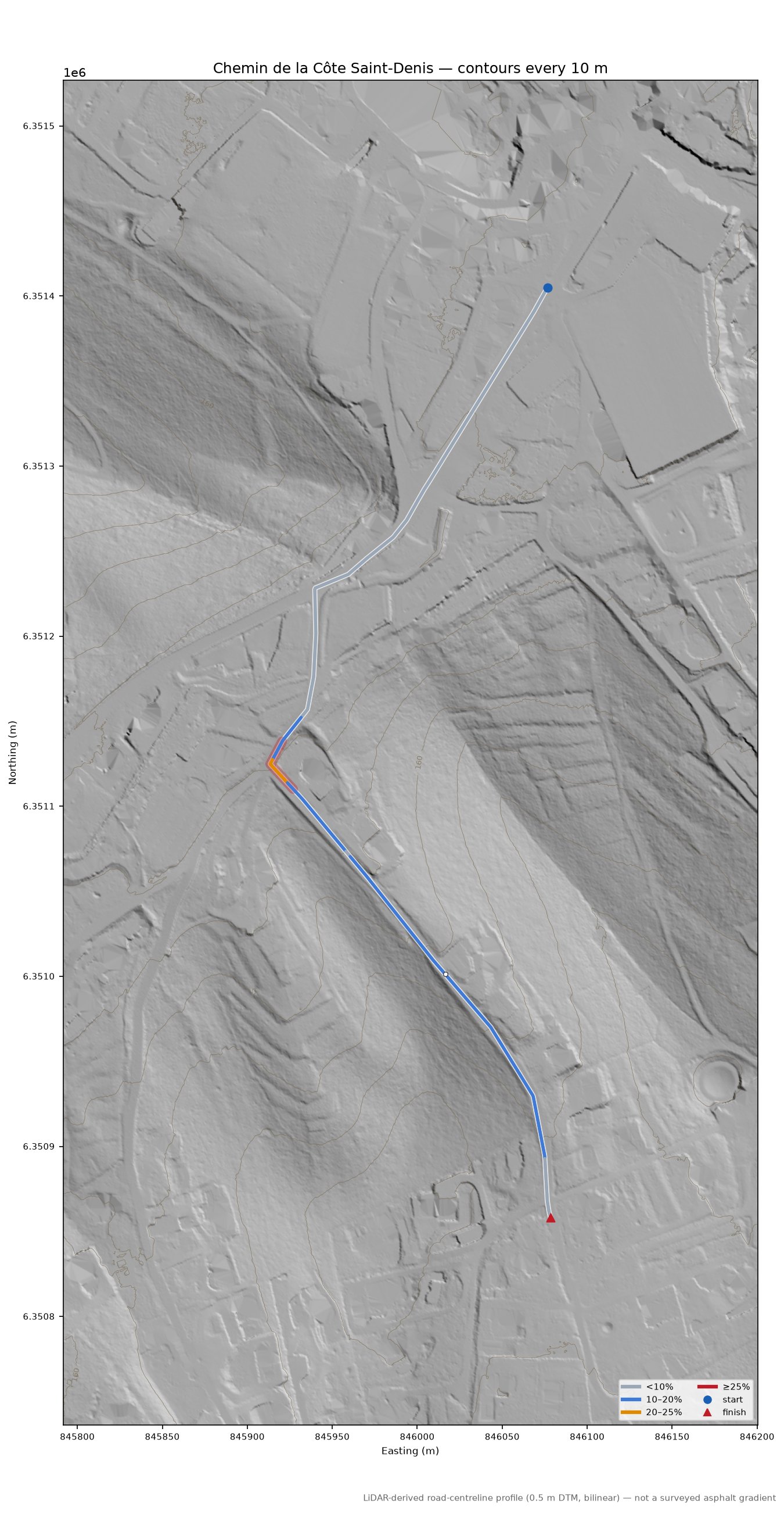 Chemin de la Côte Saint-Denis LiDAR hillshade map with contours