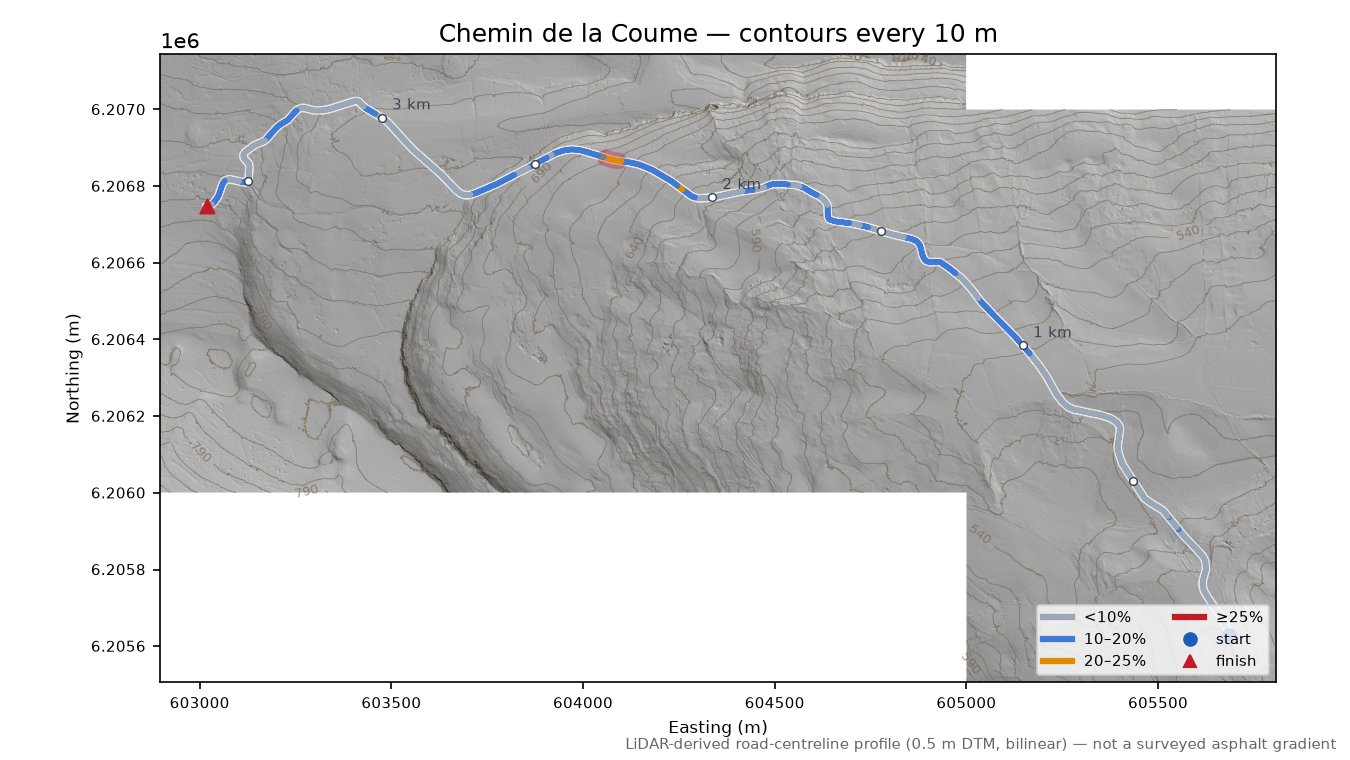 Chemin de la Coume LiDAR hillshade map with contours