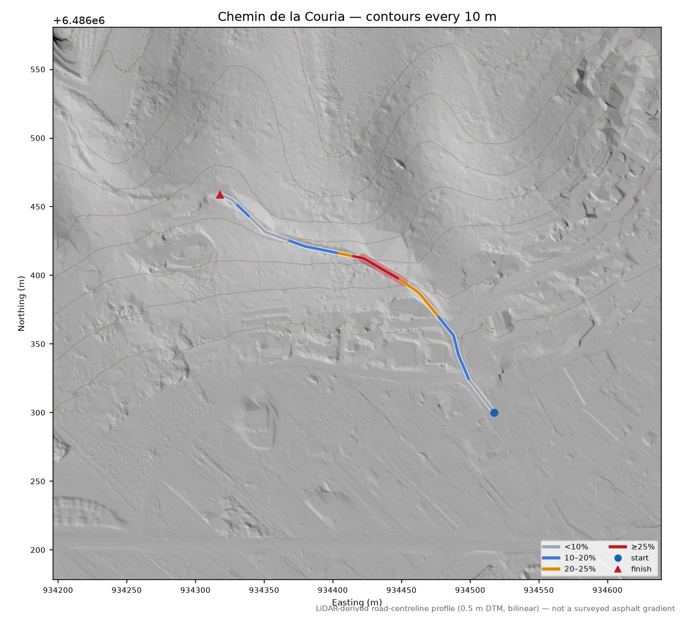 Chemin de la Couria LiDAR hillshade map with contours
