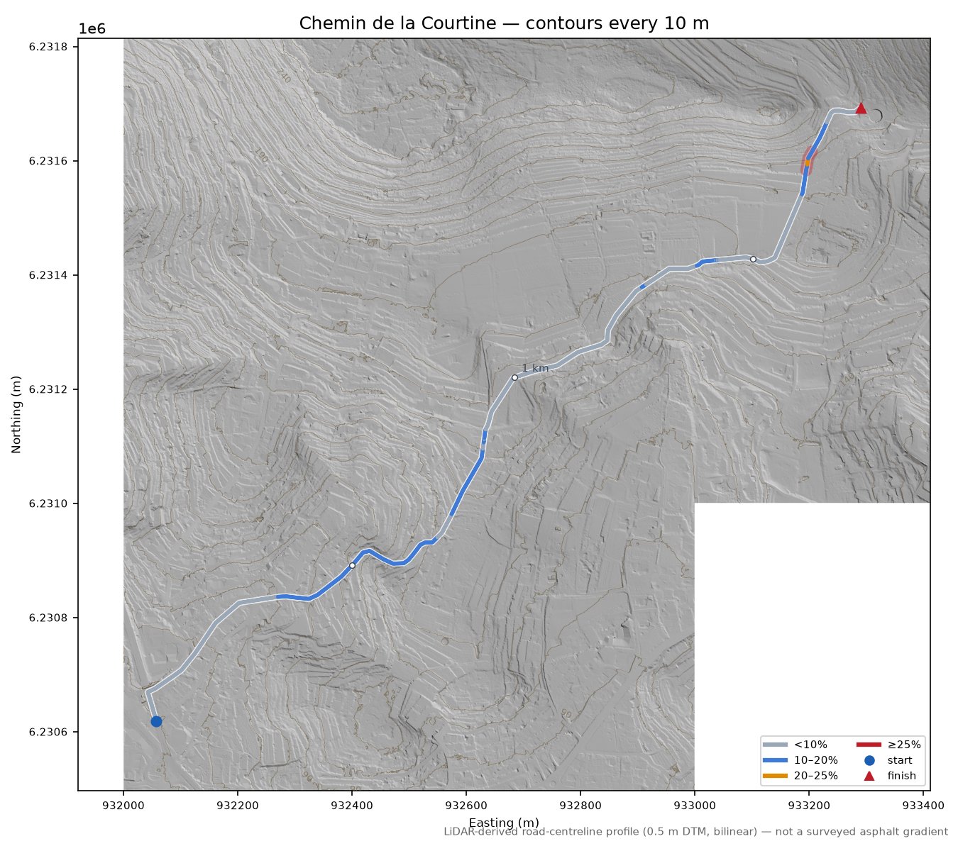 Chemin de la Courtine LiDAR hillshade map with contours