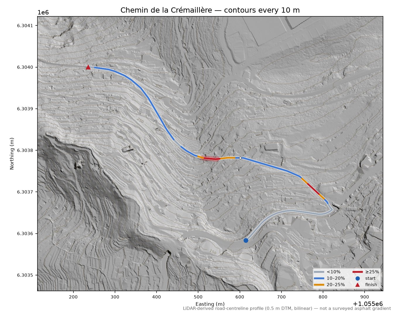Chemin de la Crémaillère LiDAR hillshade map with contours