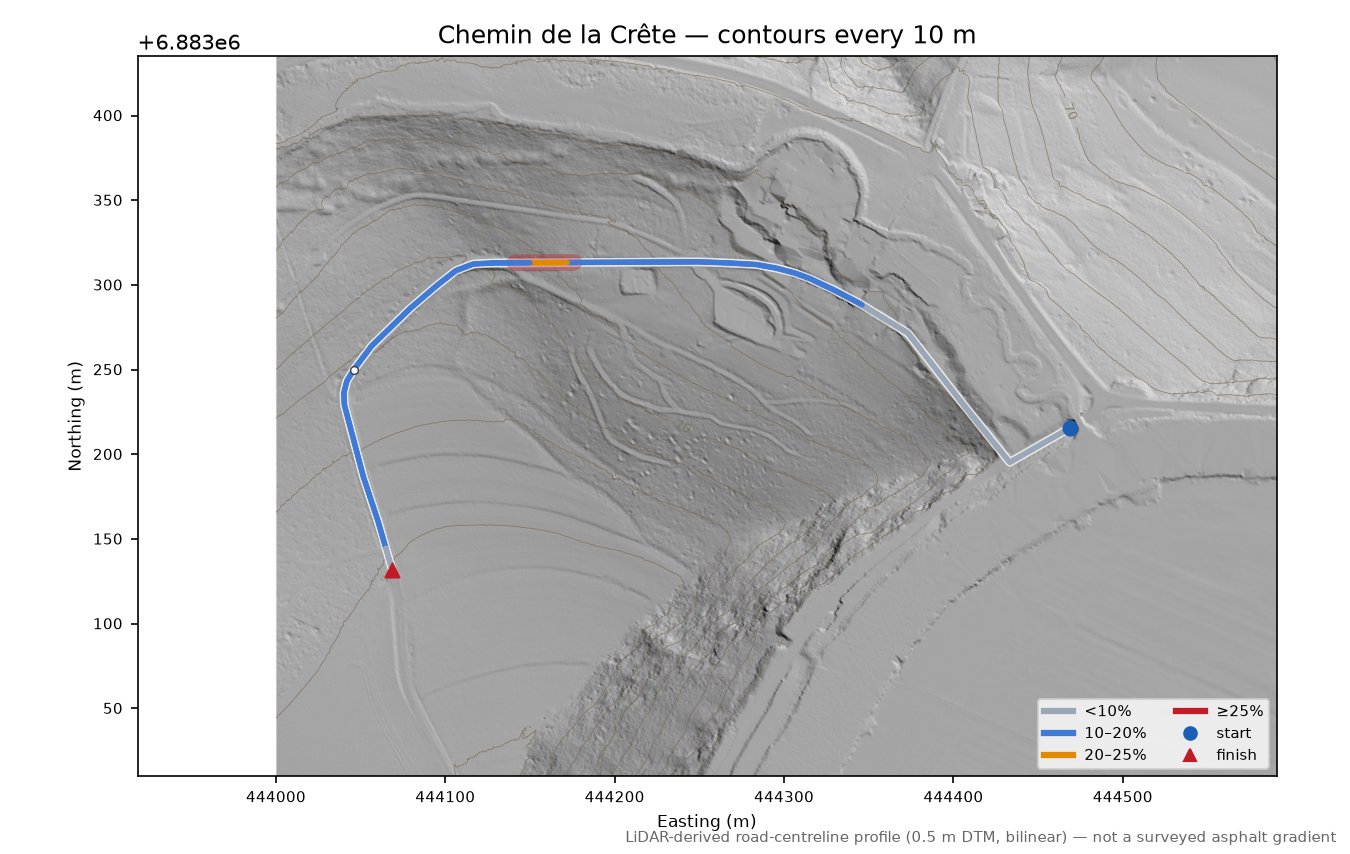 Chemin de la Crête LiDAR hillshade map with contours