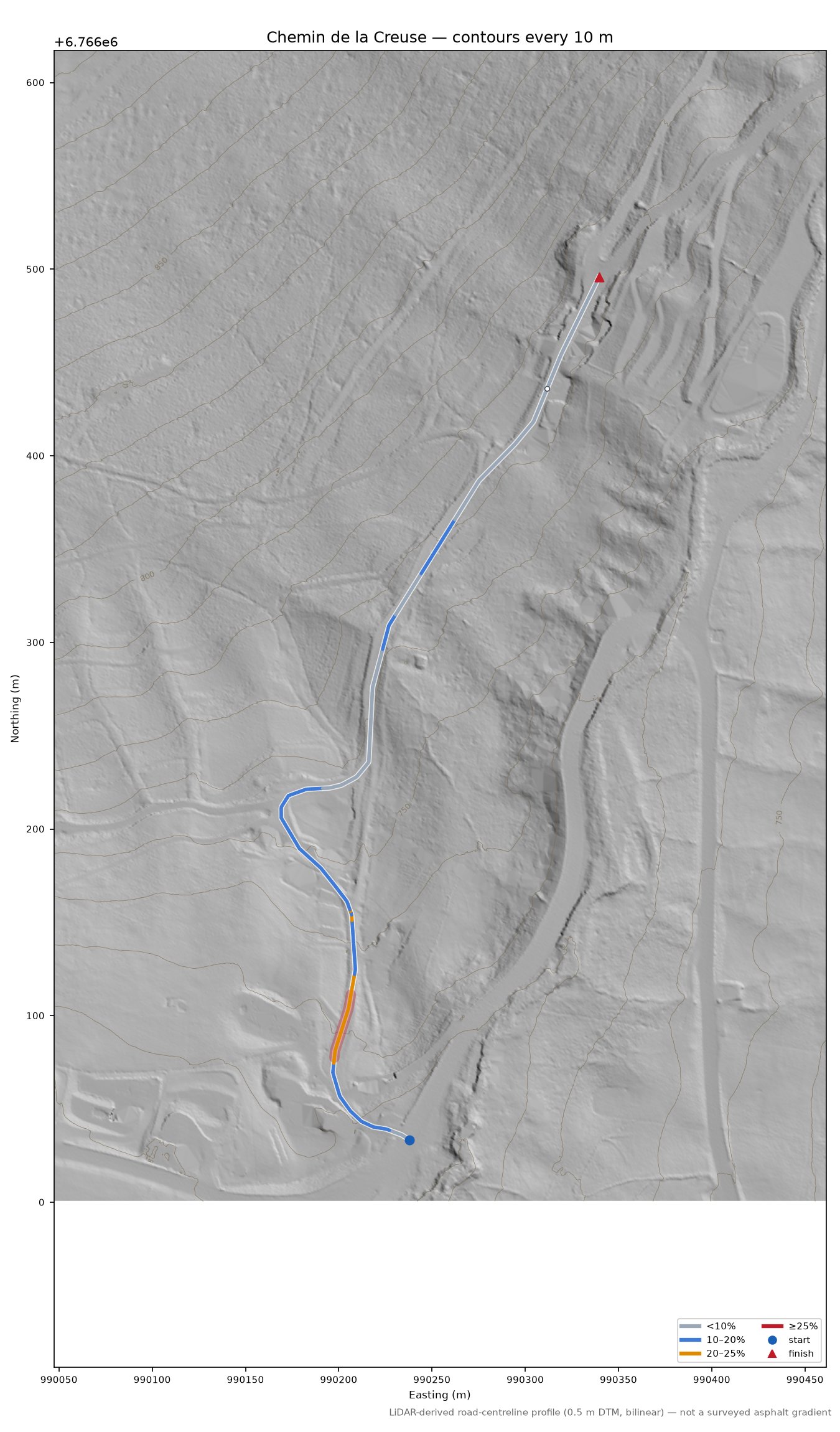 Chemin de la Creuse LiDAR hillshade map with contours