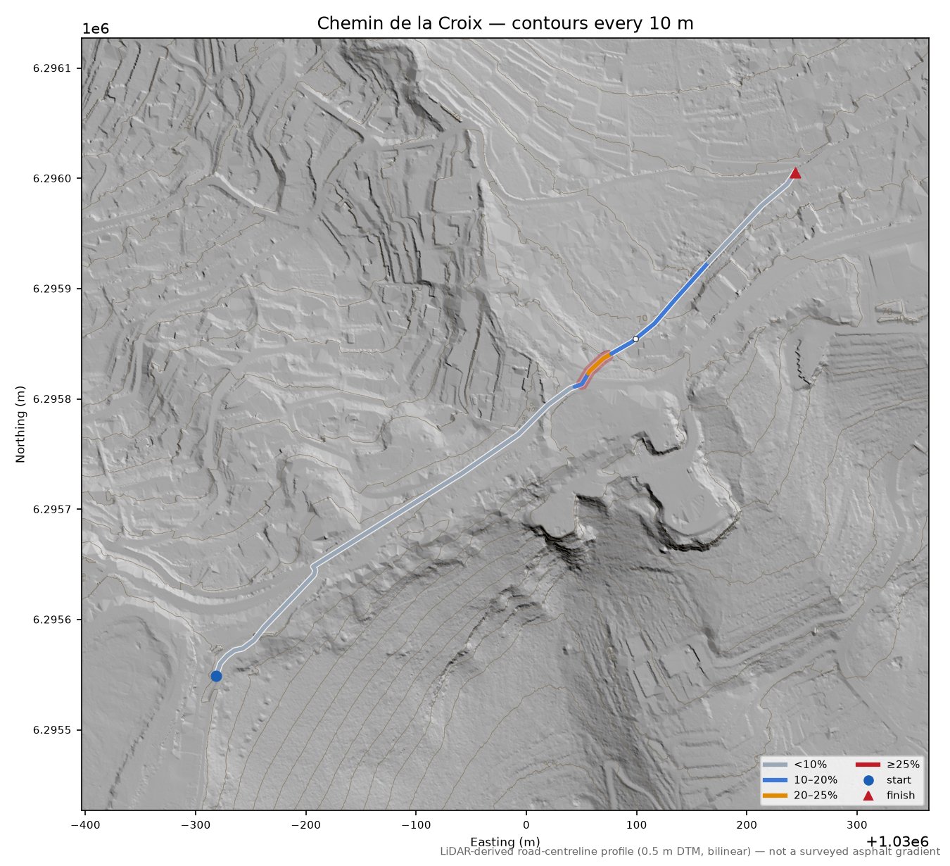 Chemin de la Croix LiDAR hillshade map with contours