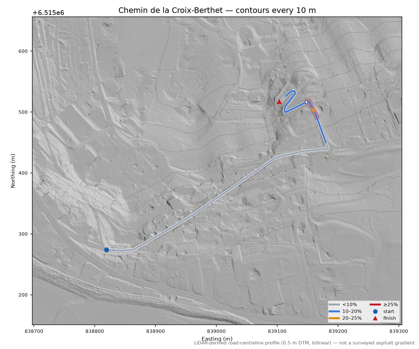 Chemin de la Croix-Berthet LiDAR hillshade map with contours