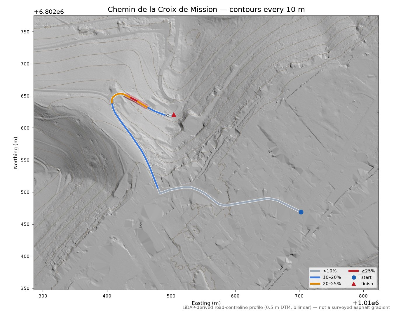 Chemin de la Croix de Mission LiDAR hillshade map with contours
