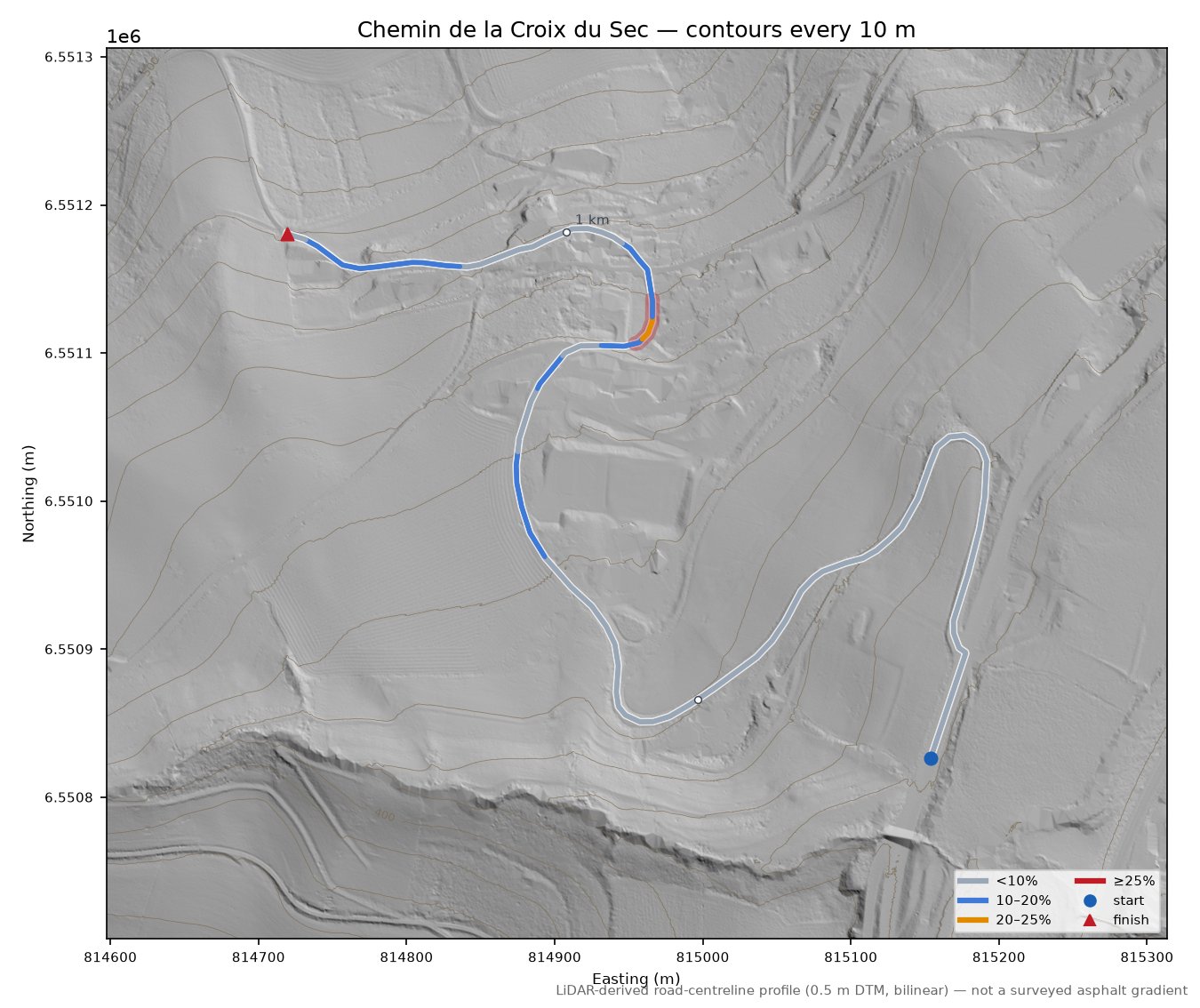 Chemin de la Croix du Sec LiDAR hillshade map with contours