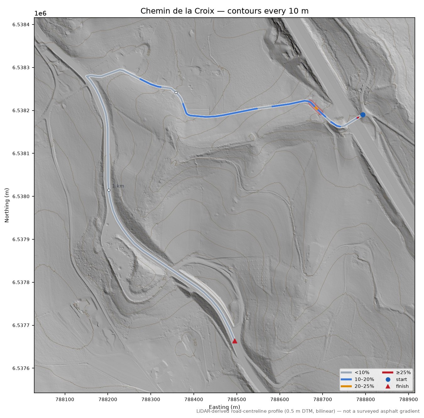 Chemin de la Croix LiDAR hillshade map with contours