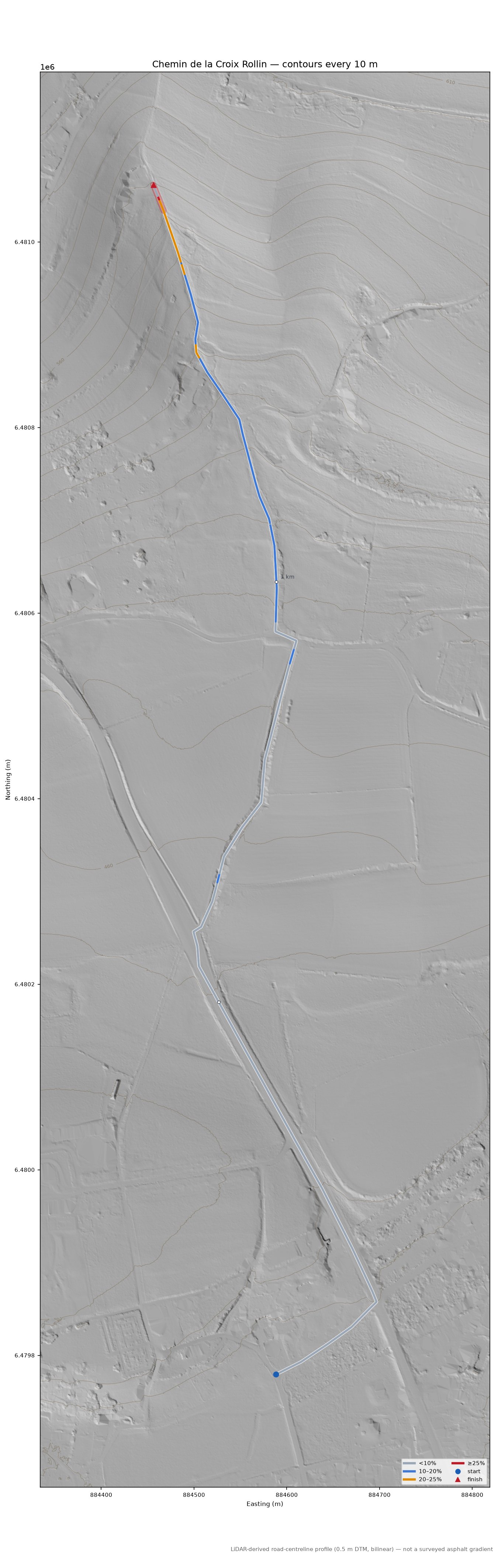 Chemin de la Croix Rollin LiDAR hillshade map with contours