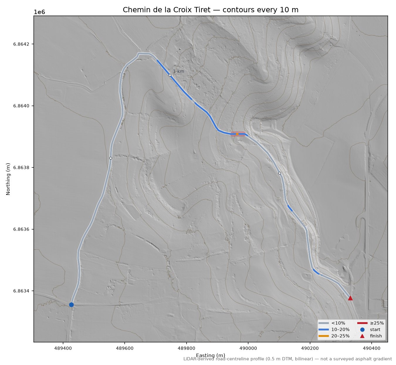 Chemin de la Croix Tiret LiDAR hillshade map with contours
