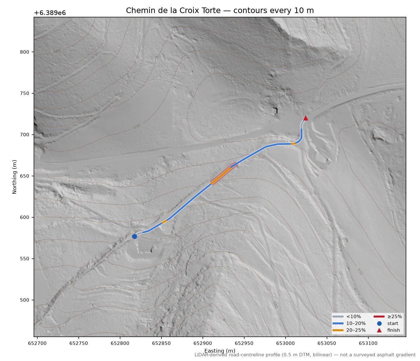 Chemin de la Croix Torte LiDAR hillshade map with contours
