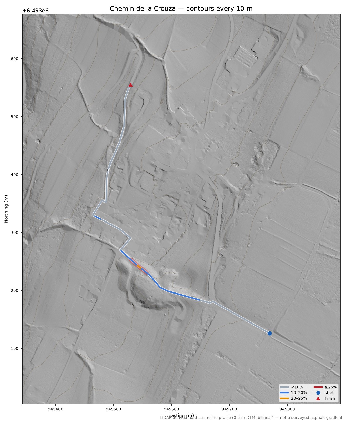 Chemin de la Crouza LiDAR hillshade map with contours