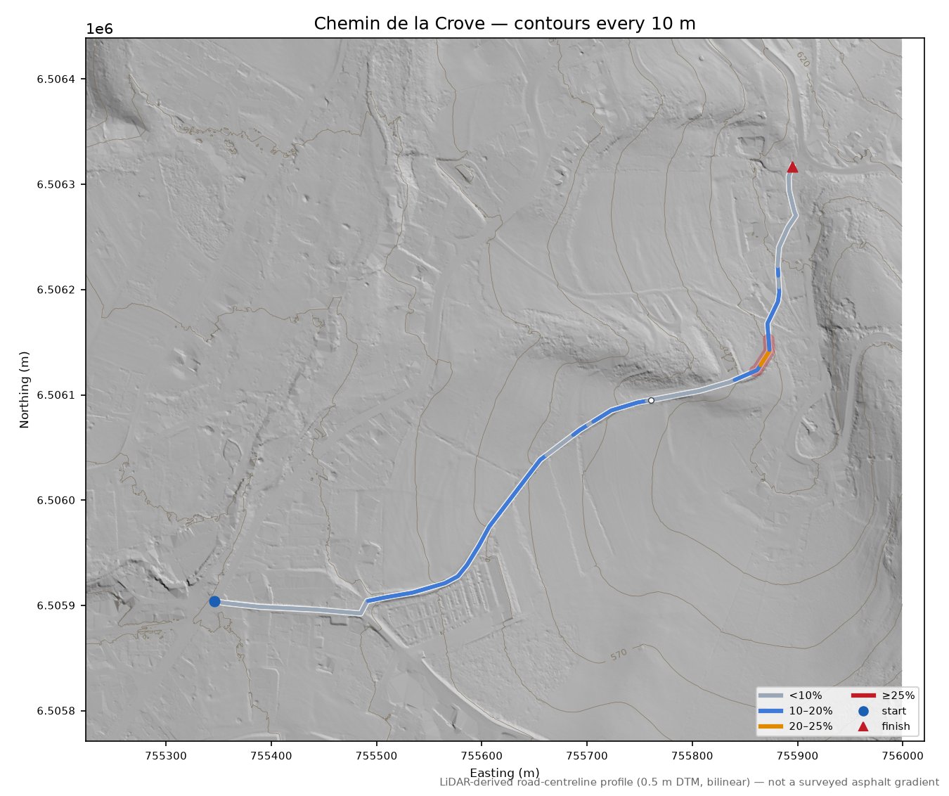 Chemin de la Crove LiDAR hillshade map with contours