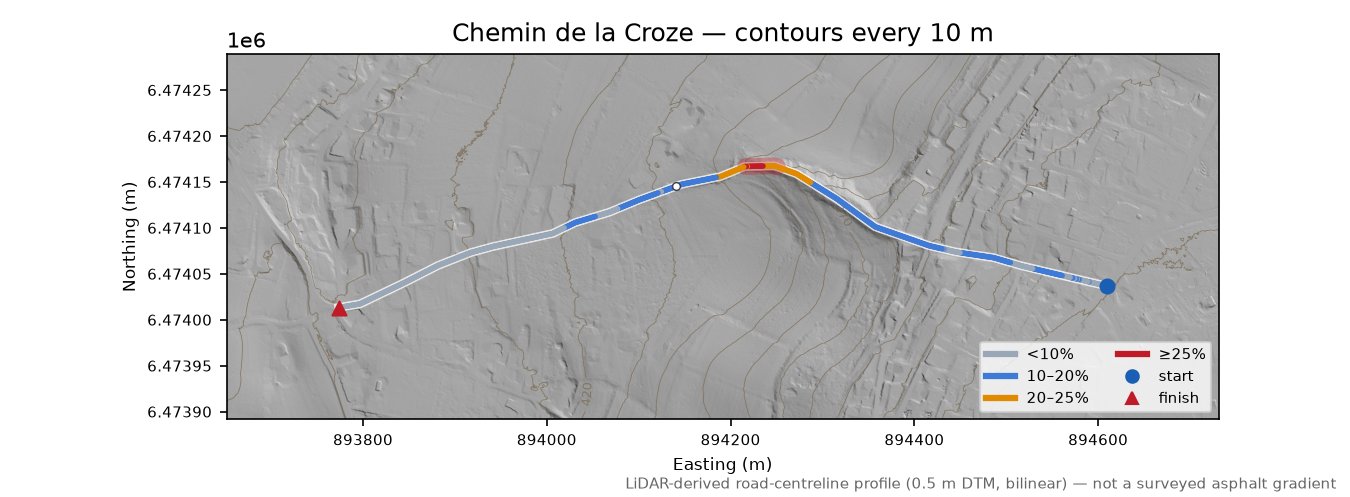 Chemin de la Croze LiDAR hillshade map with contours