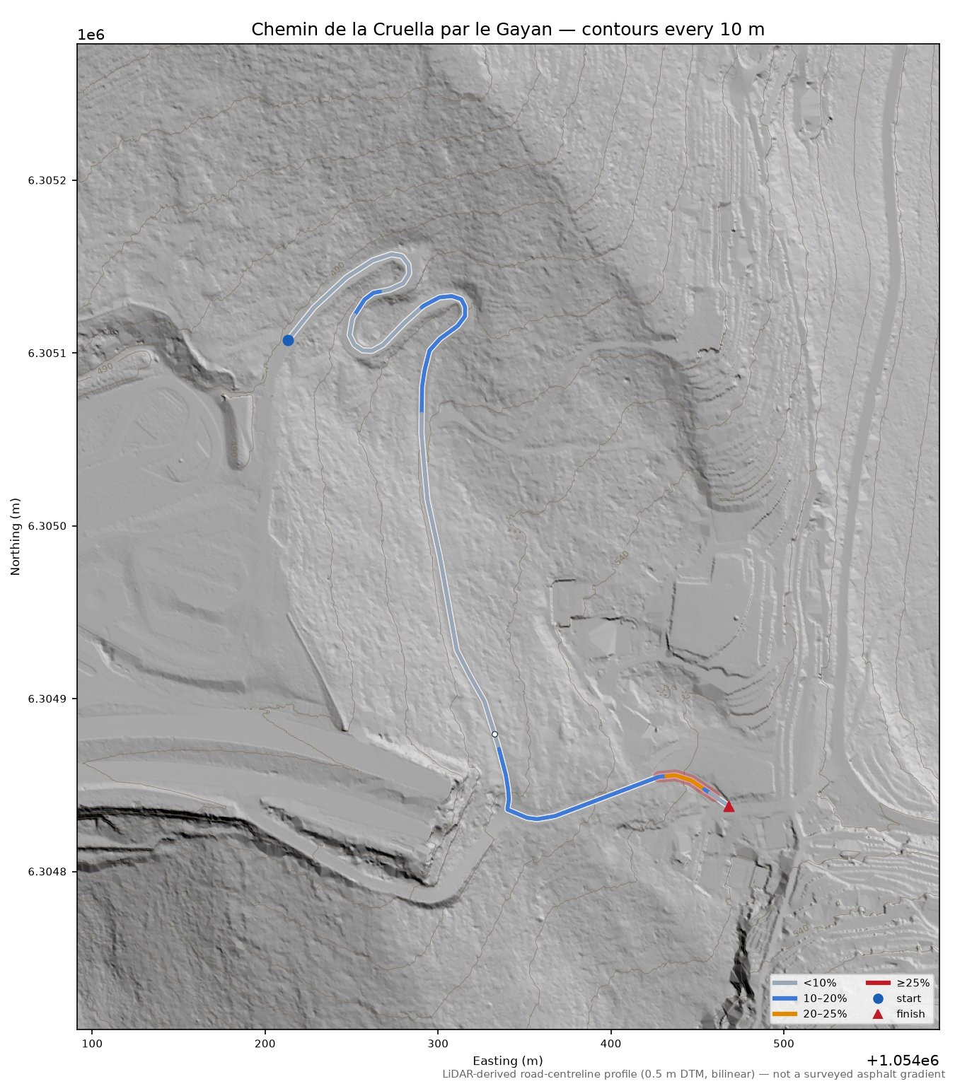 Chemin de la Cruella par le Gayan LiDAR hillshade map with contours