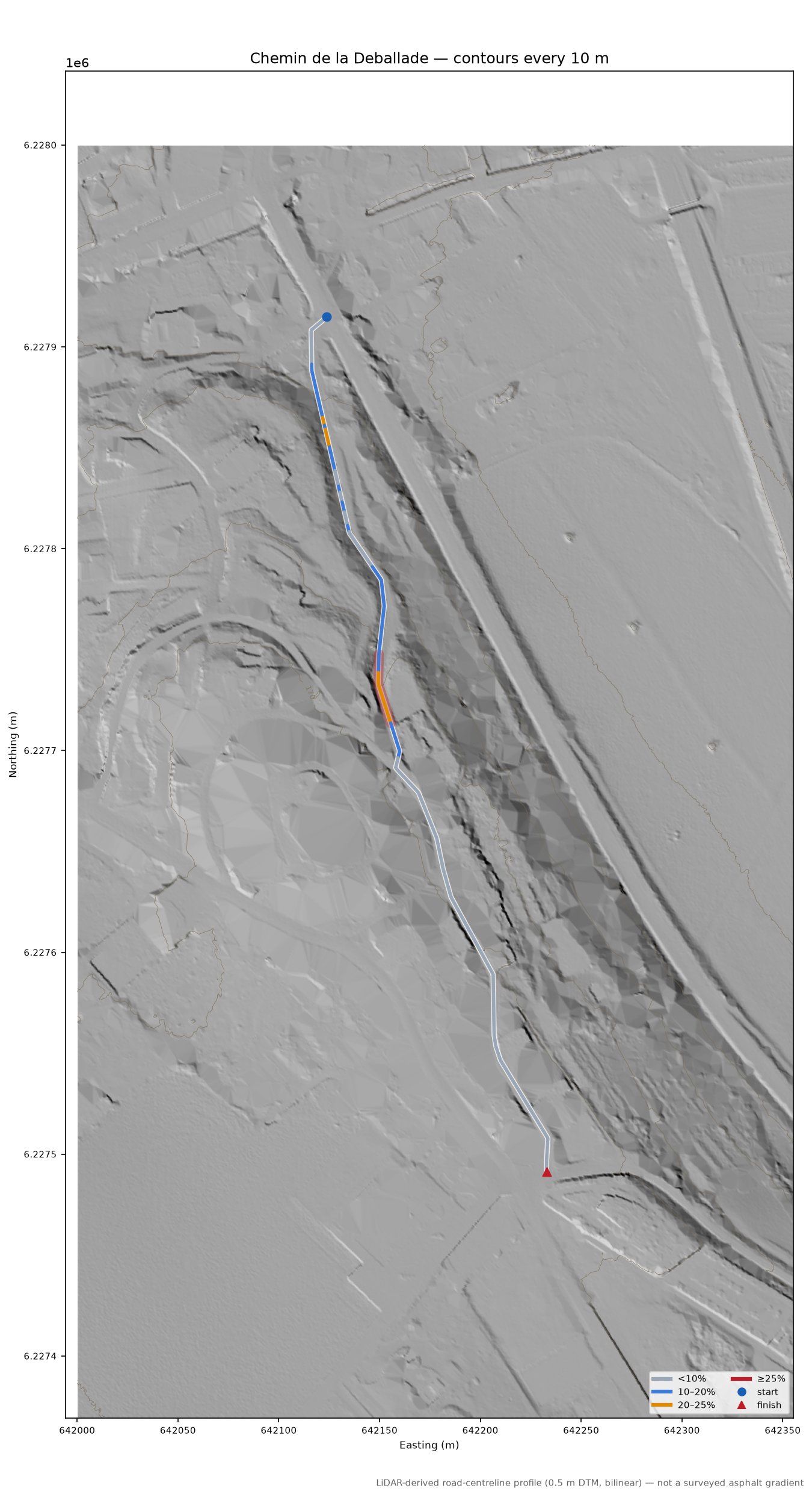 Chemin de la Deballade LiDAR hillshade map with contours