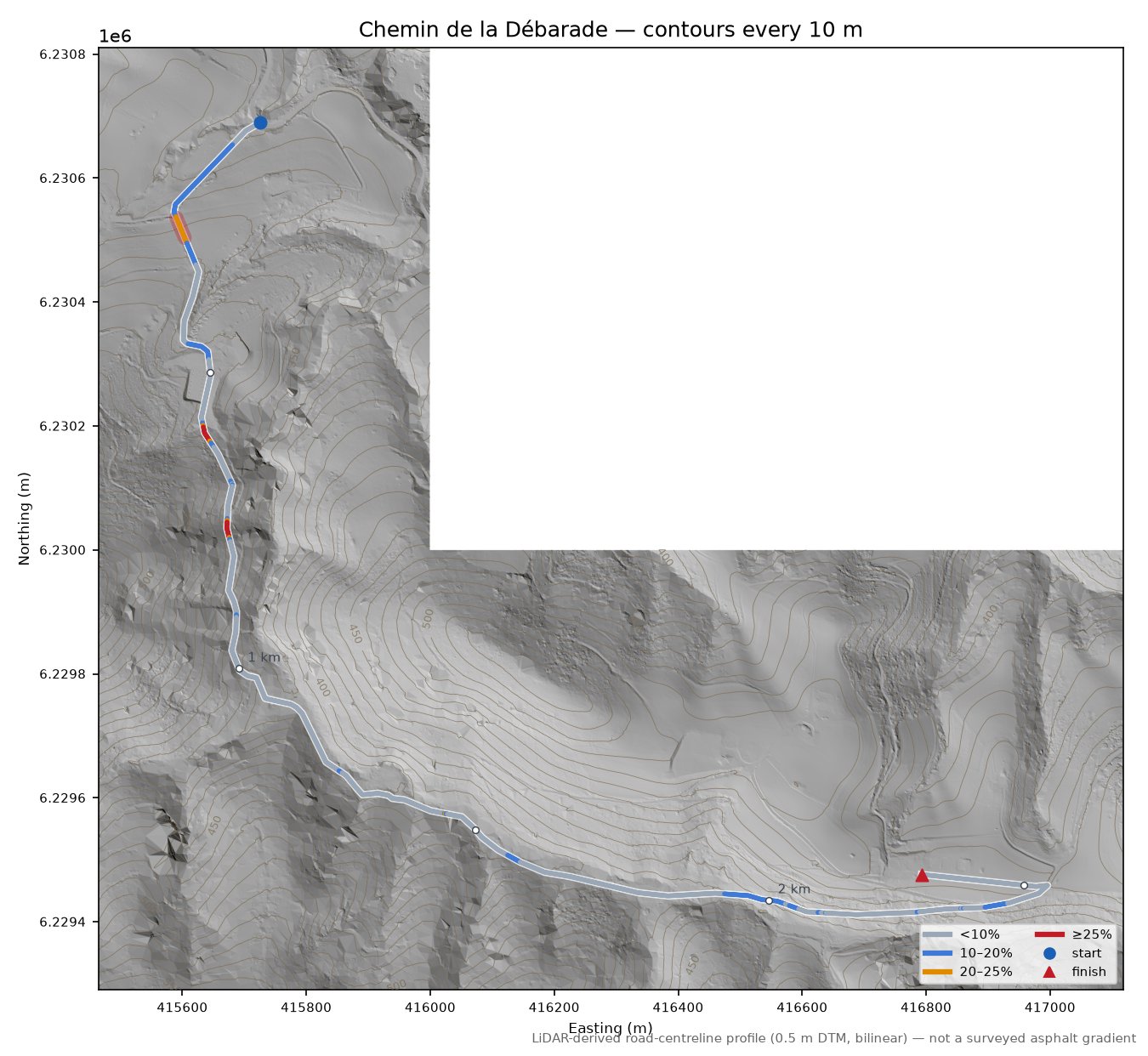 Chemin de la Débarade LiDAR hillshade map with contours