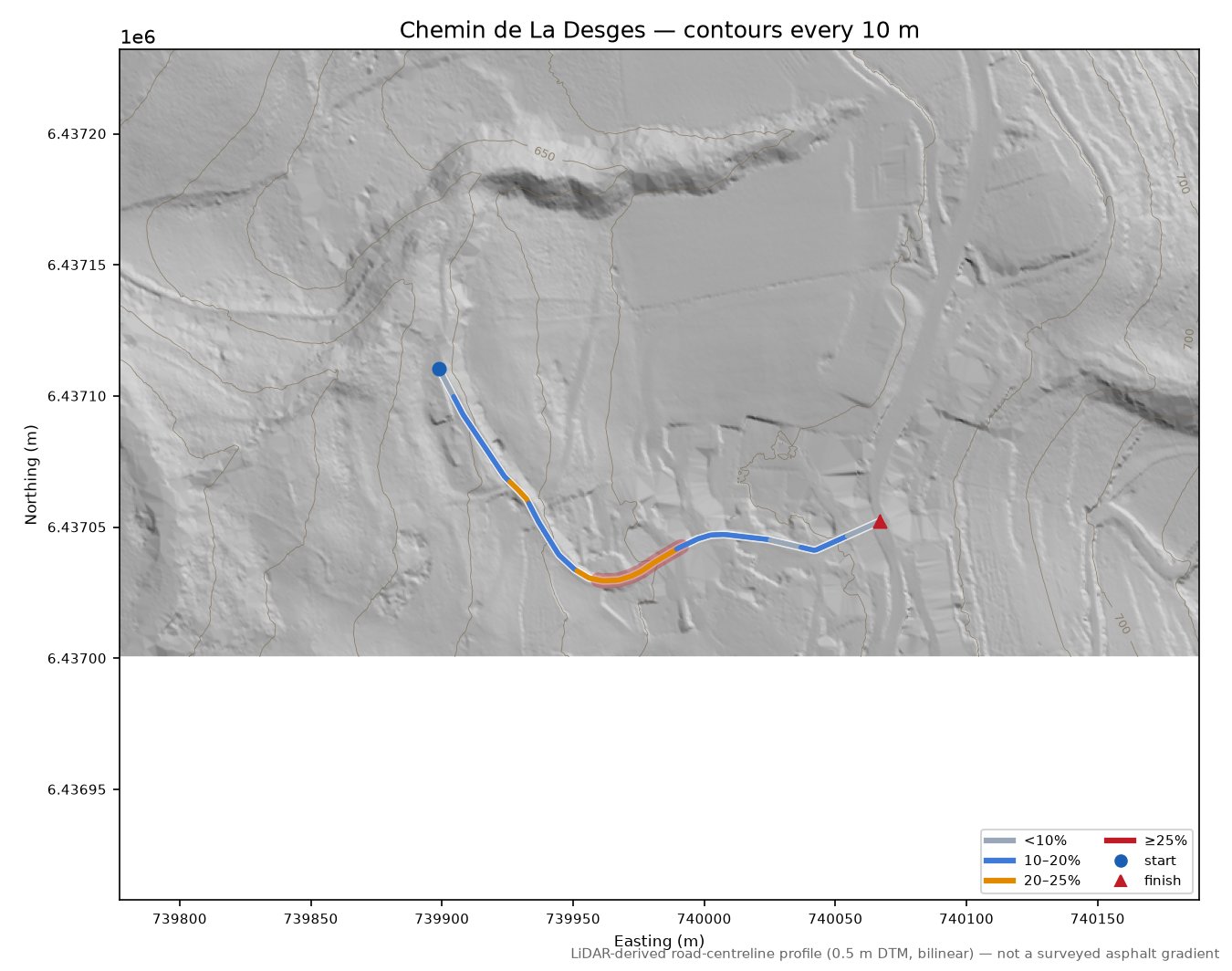 Chemin de La Desges LiDAR hillshade map with contours