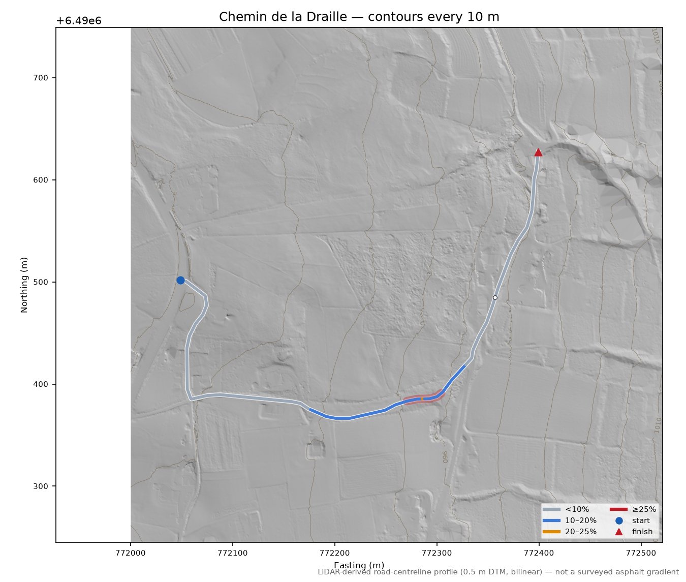 Chemin de la Draille LiDAR hillshade map with contours