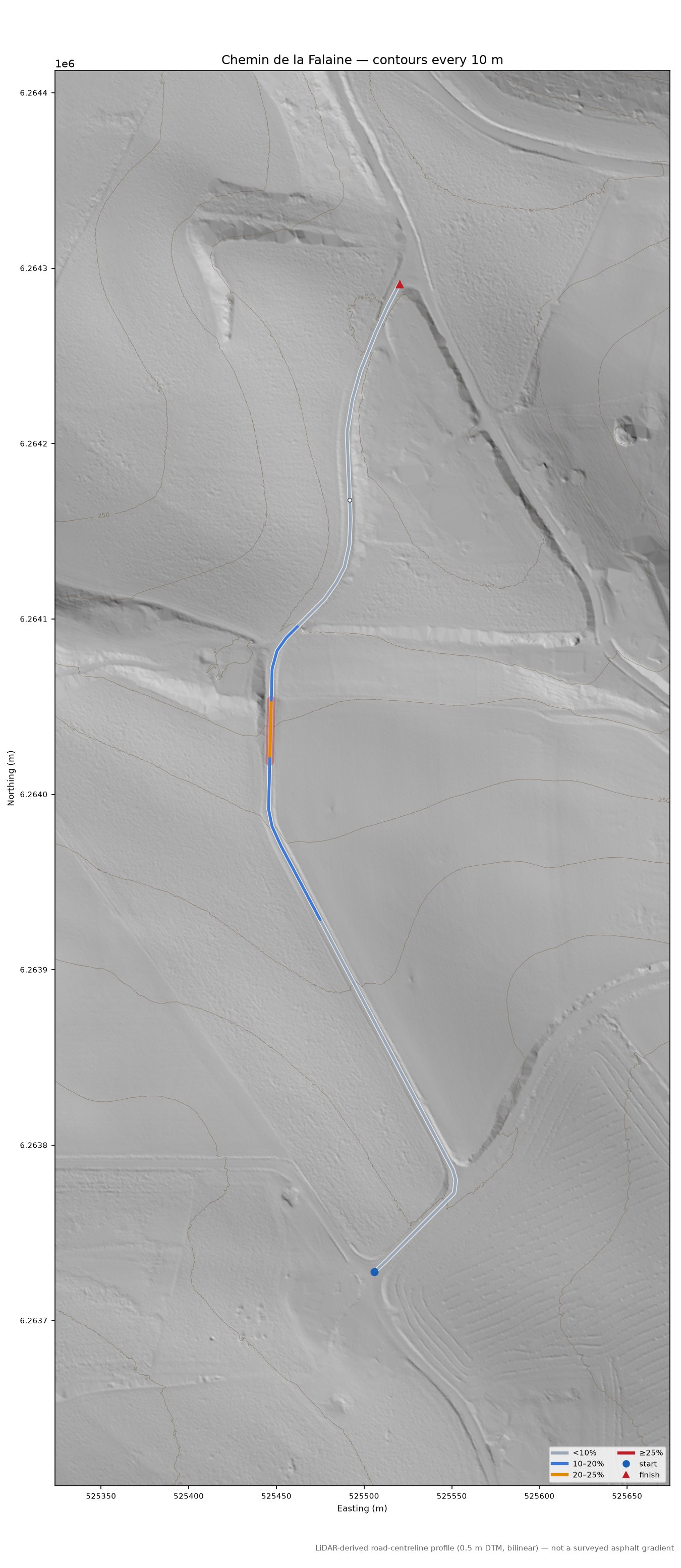 Chemin de la Falaine LiDAR hillshade map with contours
