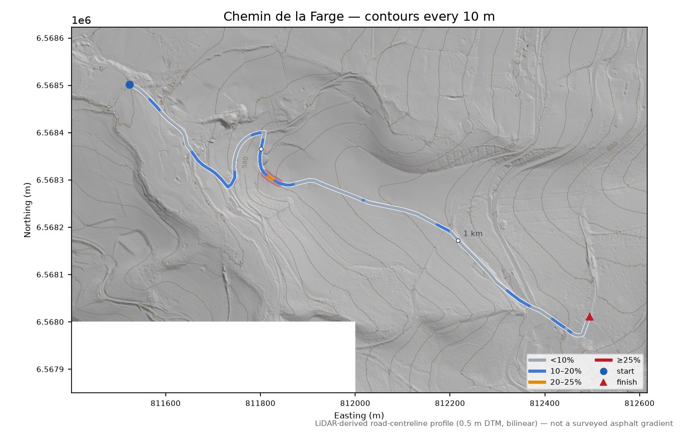 Chemin de la Farge LiDAR hillshade map with contours