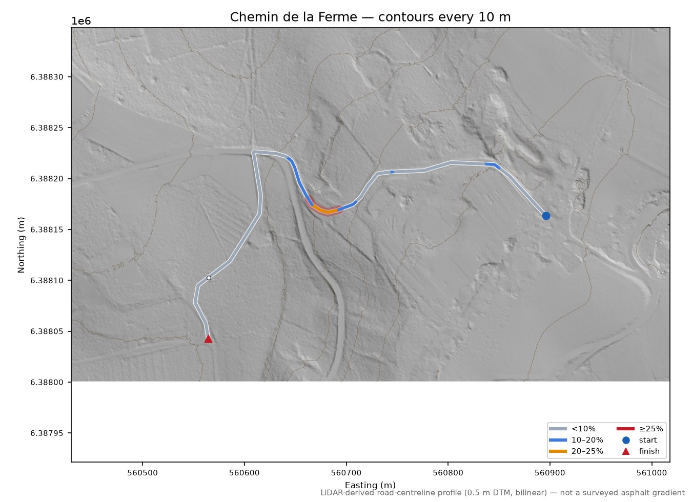 Chemin de la Ferme LiDAR hillshade map with contours