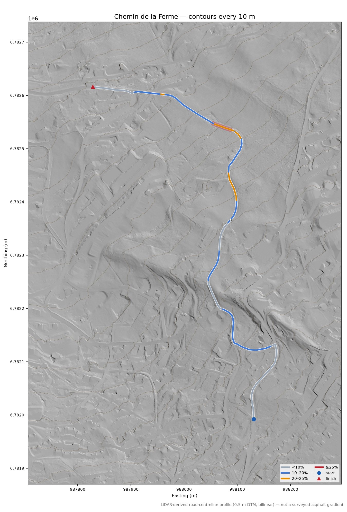 Chemin de la Ferme LiDAR hillshade map with contours