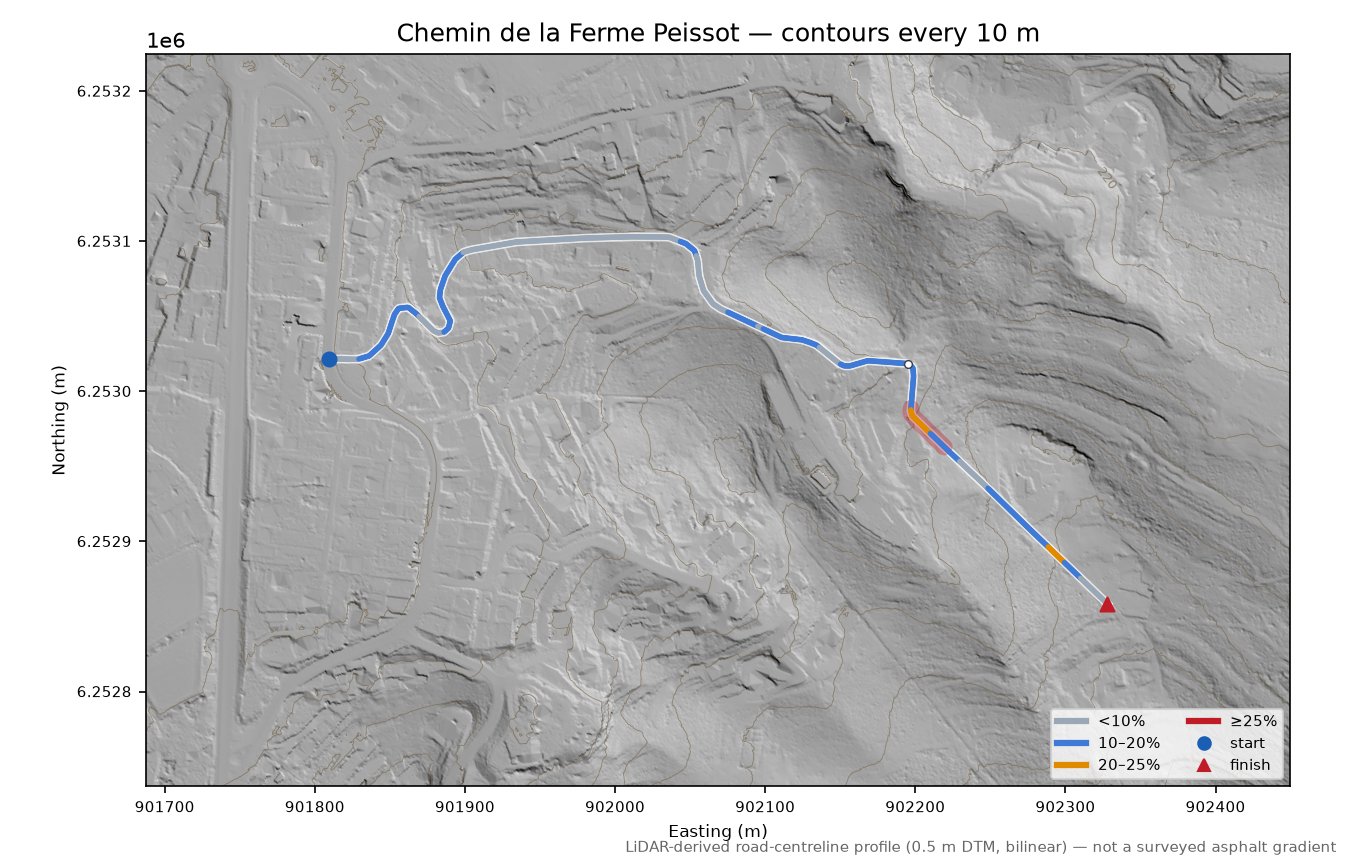 Chemin de la Ferme Peissot LiDAR hillshade map with contours