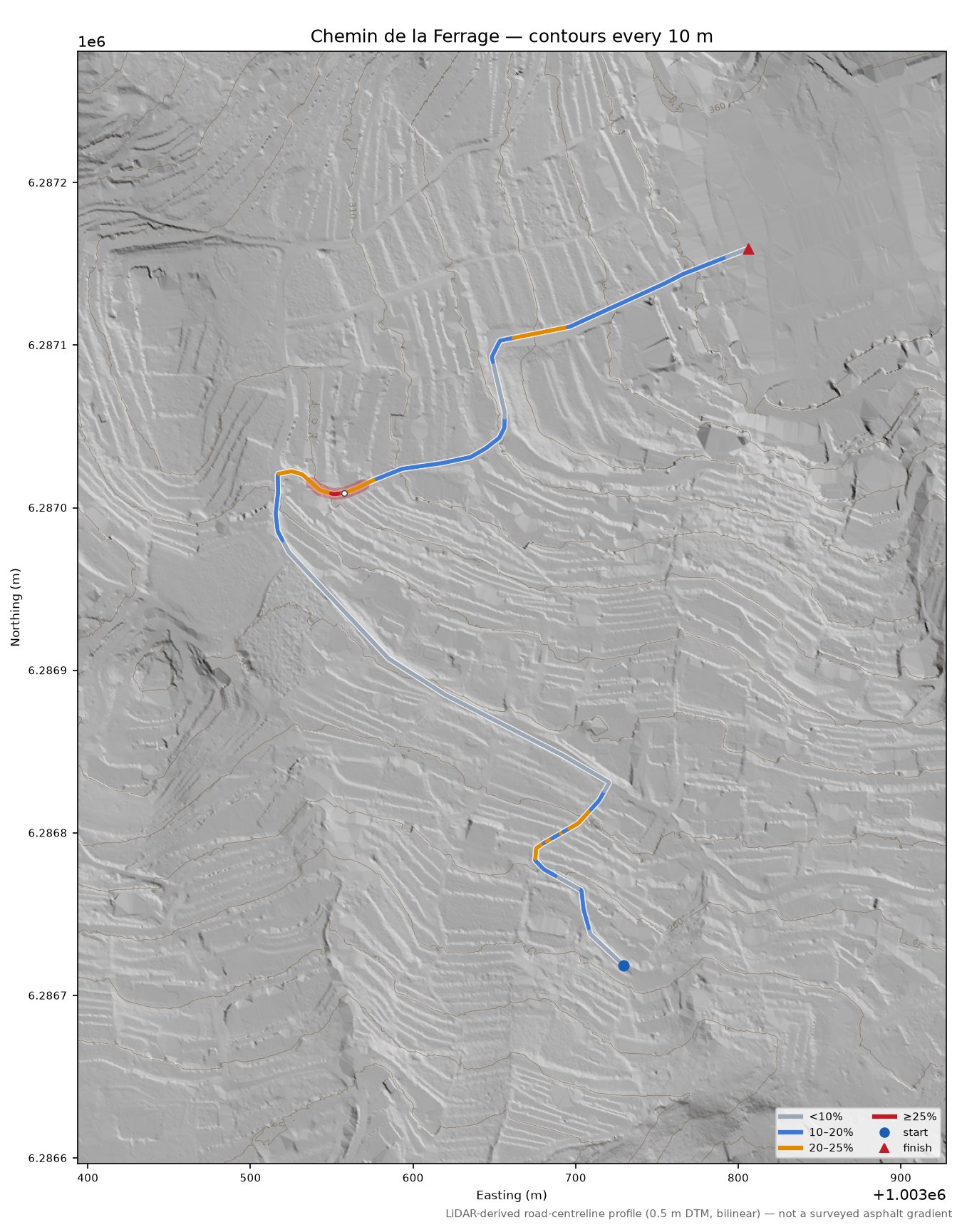 Chemin de la Ferrage LiDAR hillshade map with contours