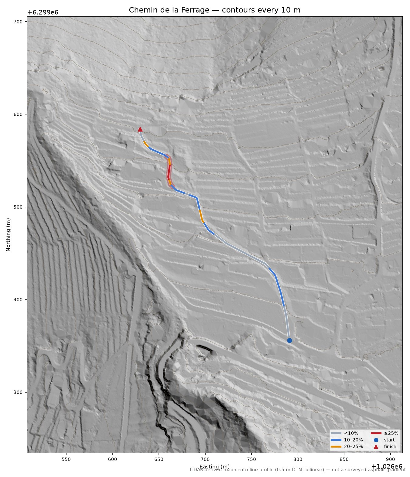 Chemin de la Ferrage LiDAR hillshade map with contours