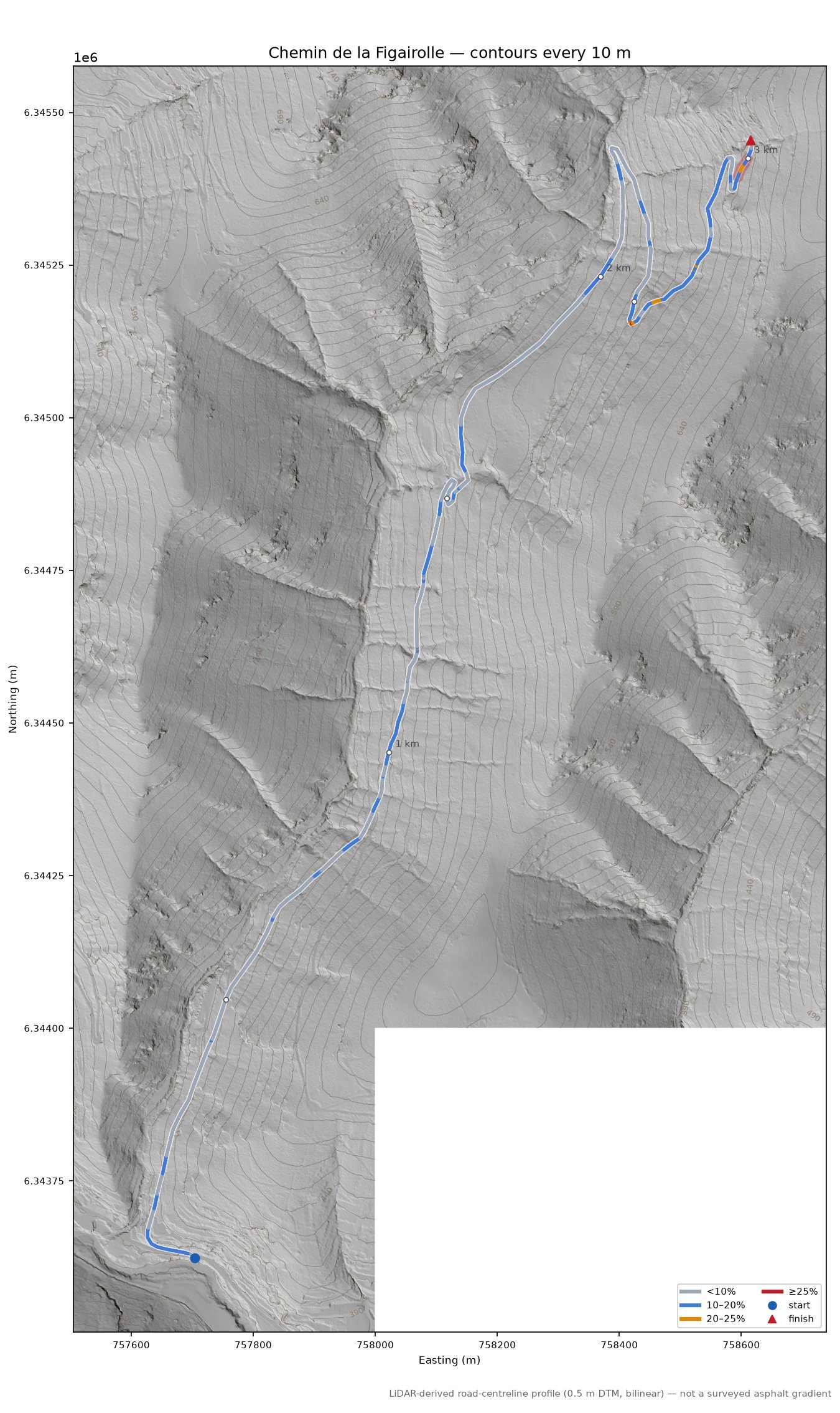 Chemin de la Figairolle LiDAR hillshade map with contours