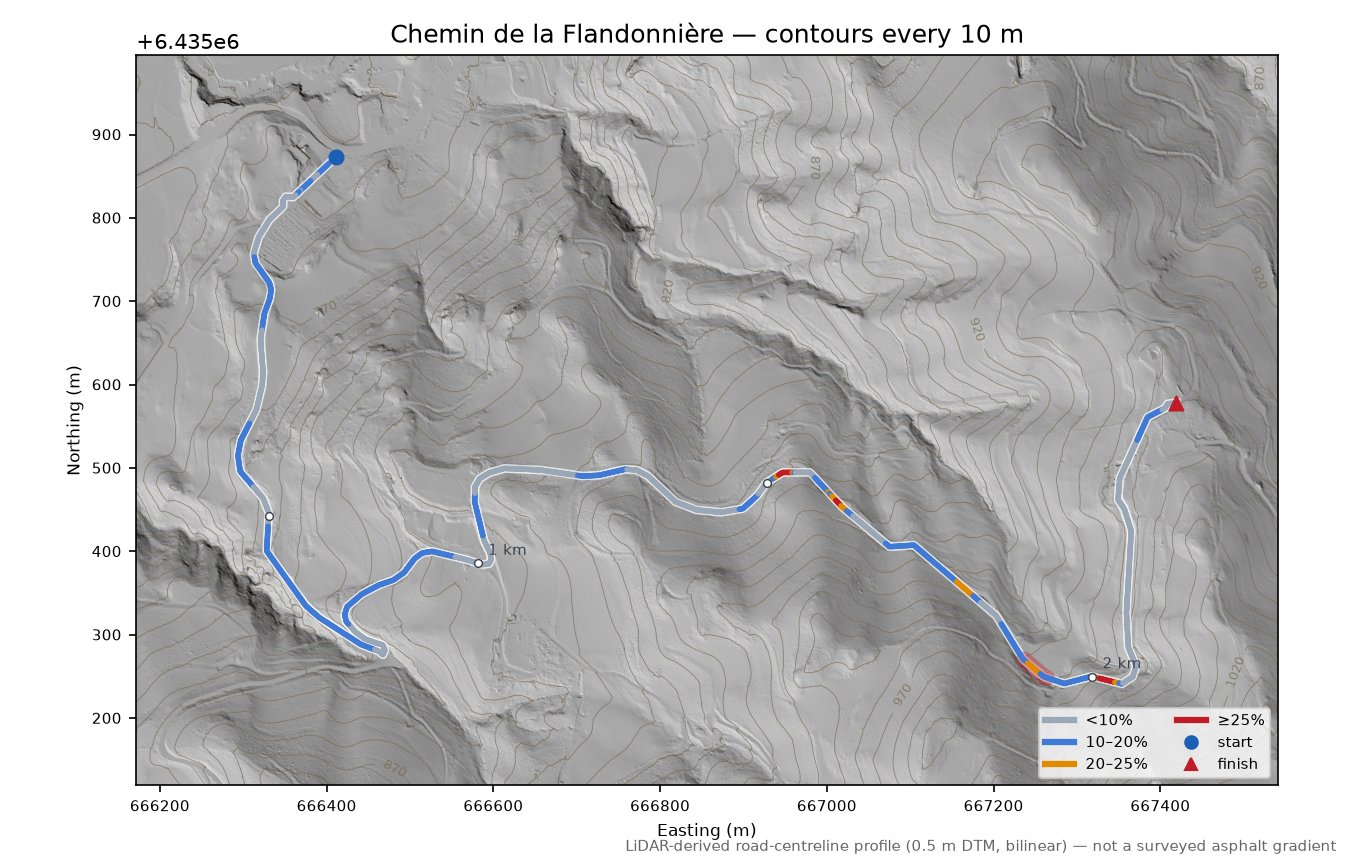 Chemin de la Flandonnière LiDAR hillshade map with contours