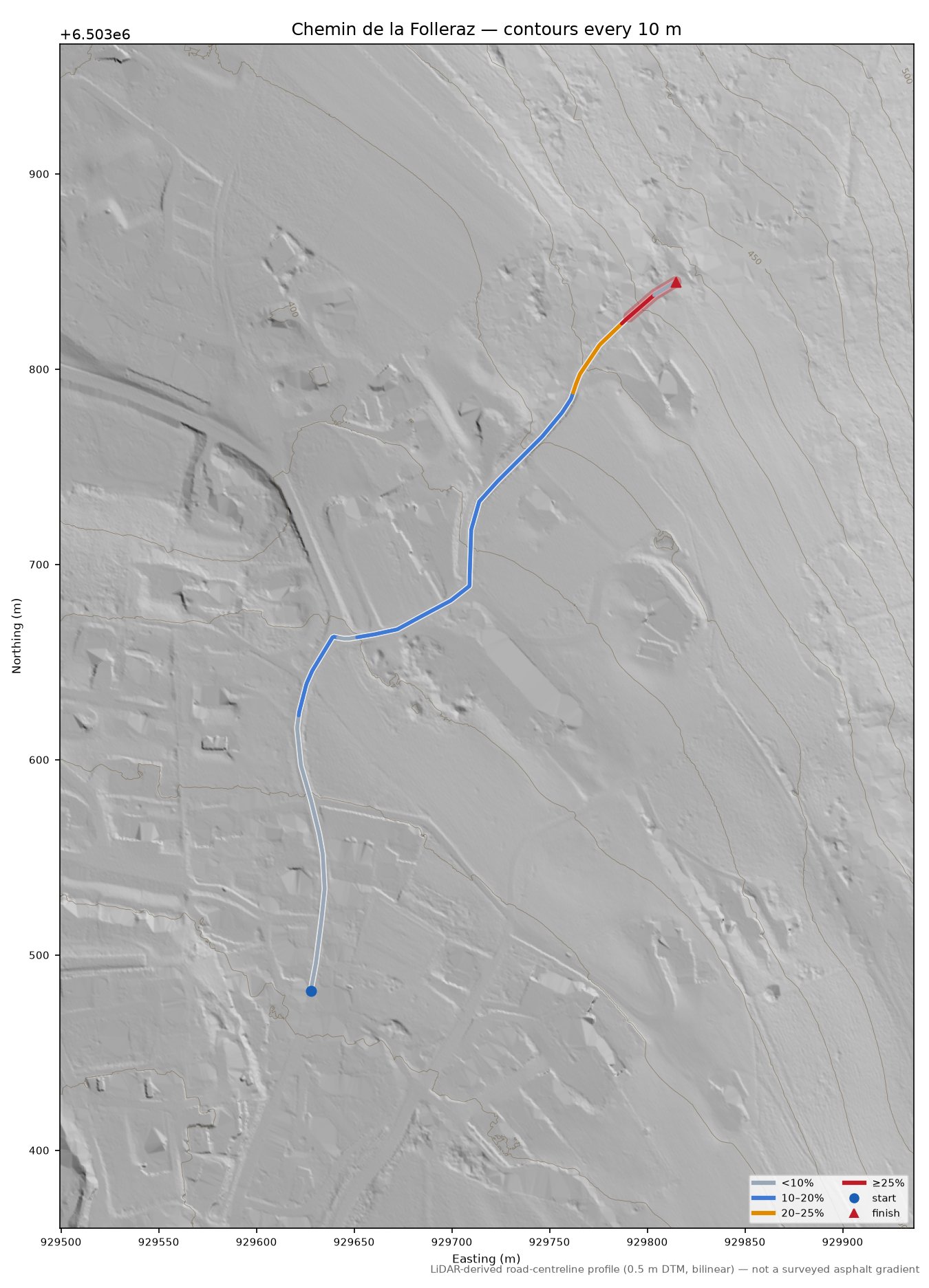 Chemin de la Folleraz LiDAR hillshade map with contours