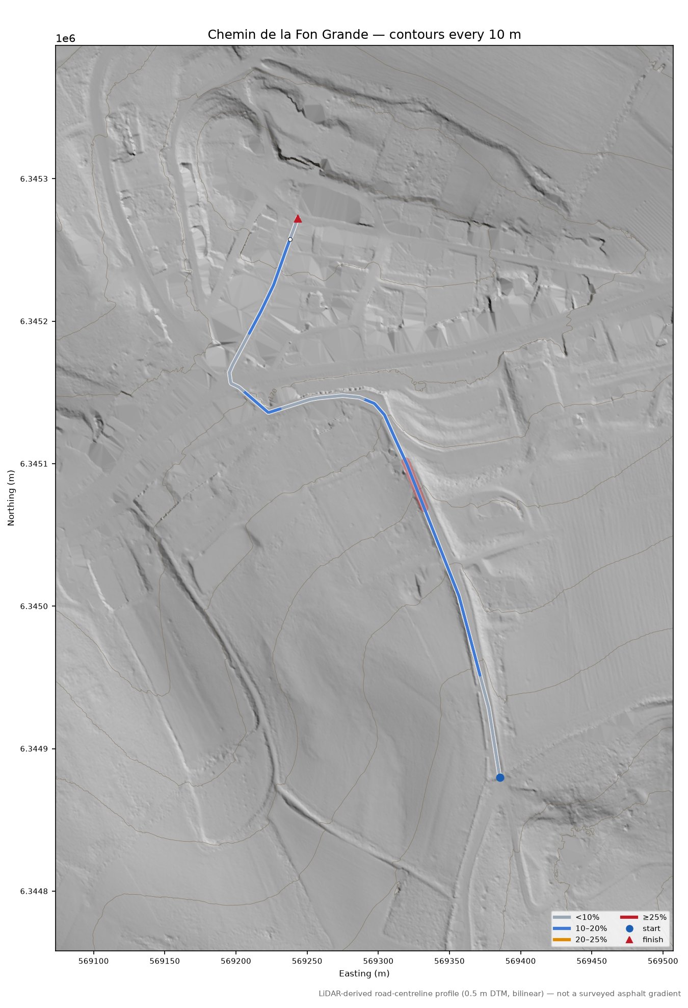 Chemin de la Fon Grande LiDAR hillshade map with contours