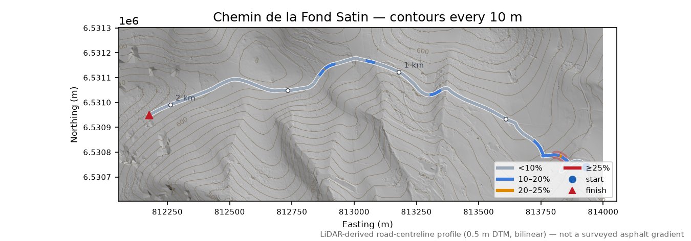Chemin de la Fond Satin LiDAR hillshade map with contours