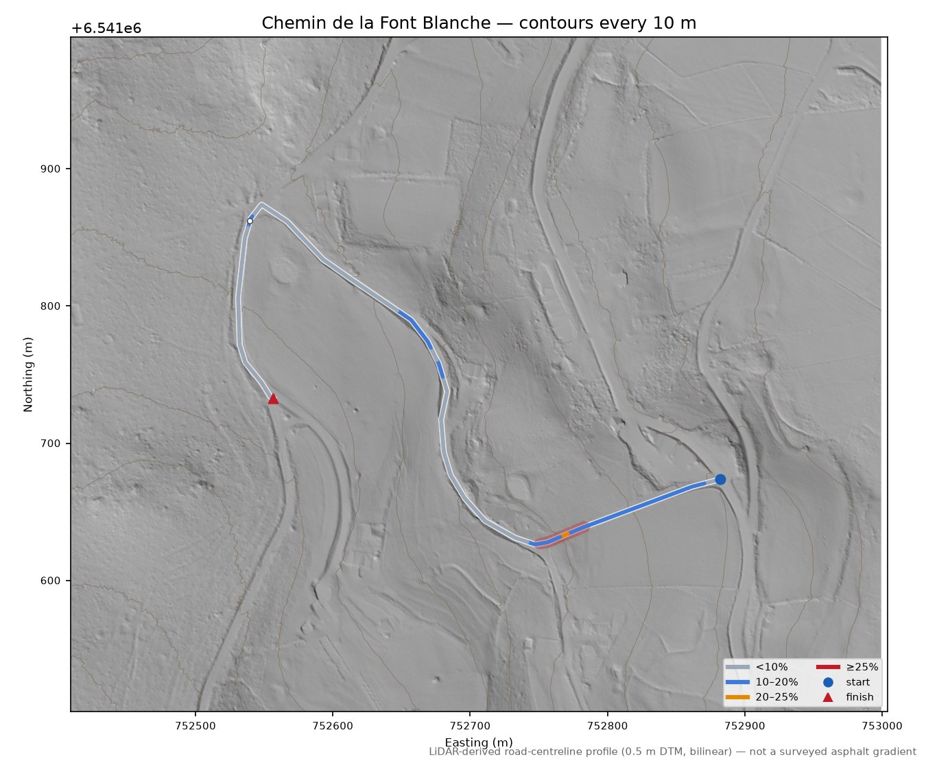 Chemin de la Font Blanche LiDAR hillshade map with contours